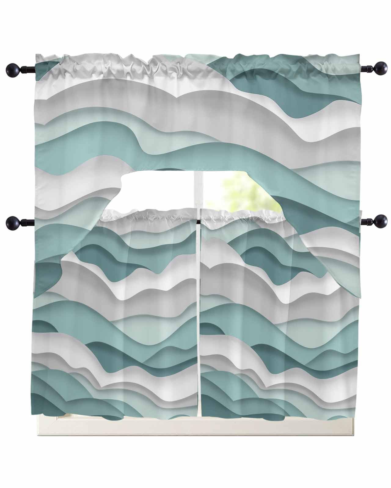 Teal Ombre Kitchen Swag Valance and Tier Curtains Set - 24 Inch Length, Rod Pocket Drape Panels Pair for Bathroom/Cafe/Window - Modern Geometric Moire
