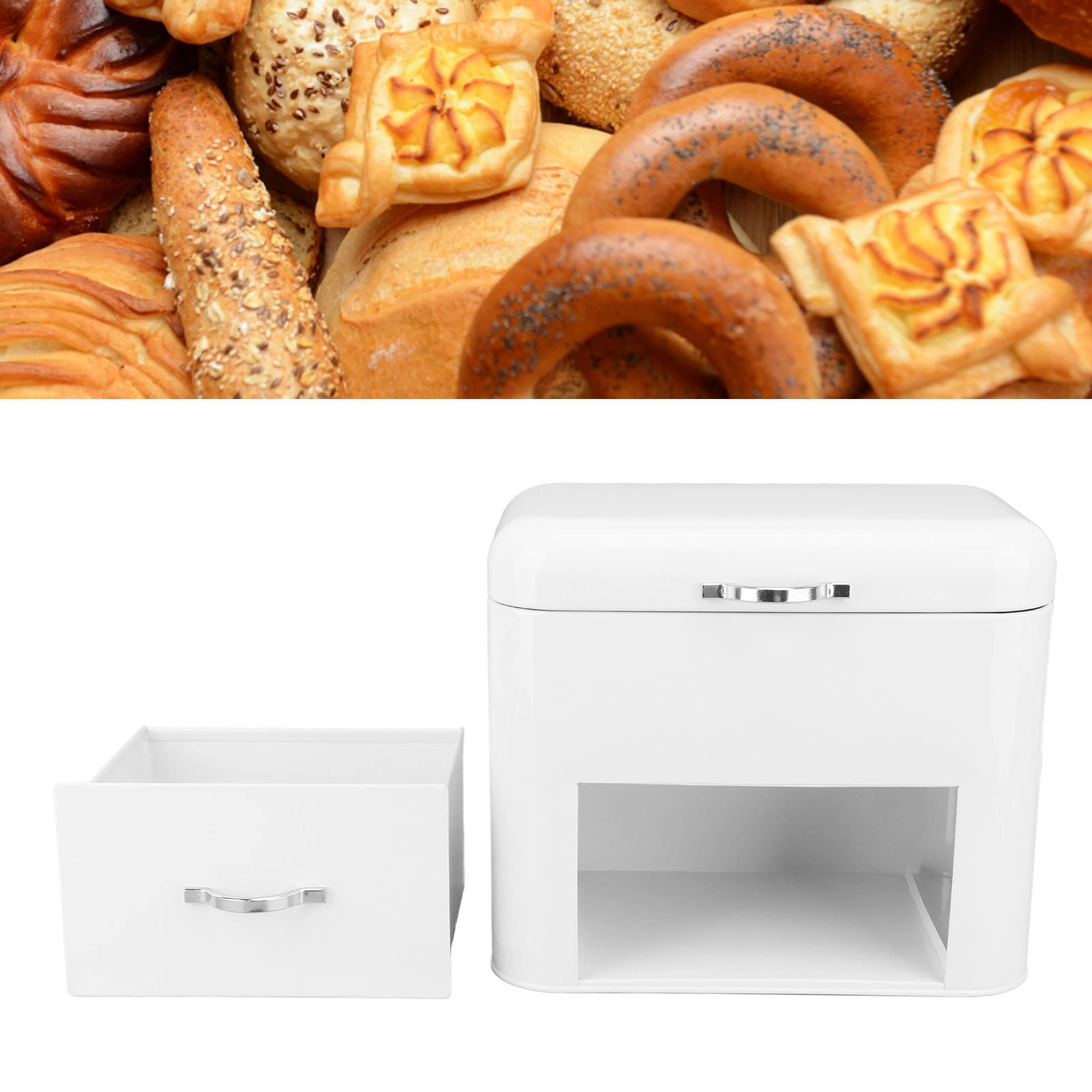 Żelazny Pojemnik na Chleb, 2-warstwowy Rustykalny Pojemnik do Przechowywania Chleba, Półka na Chleb, Pojemnik do Przechowywania Chleba do Blatu Kuchennego, Pojemnik do (Mlecznobiałe)
