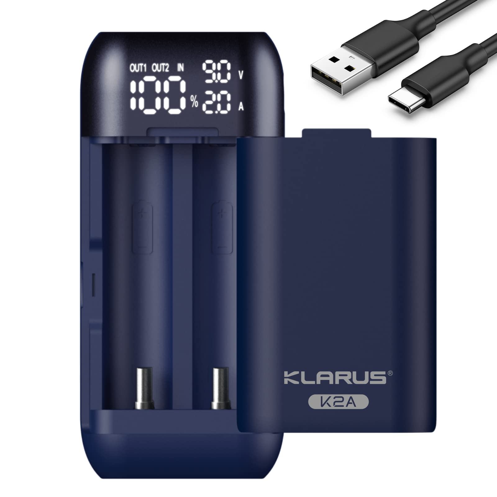 klarusK2A Smart Battery Charger and Power Supply 2 in 1, LED Display Smart Charger for Rechargeable Batteries, Universal Battery Charger for 21700 20700 ，Only for KLARUS 18650 (2 Slots)