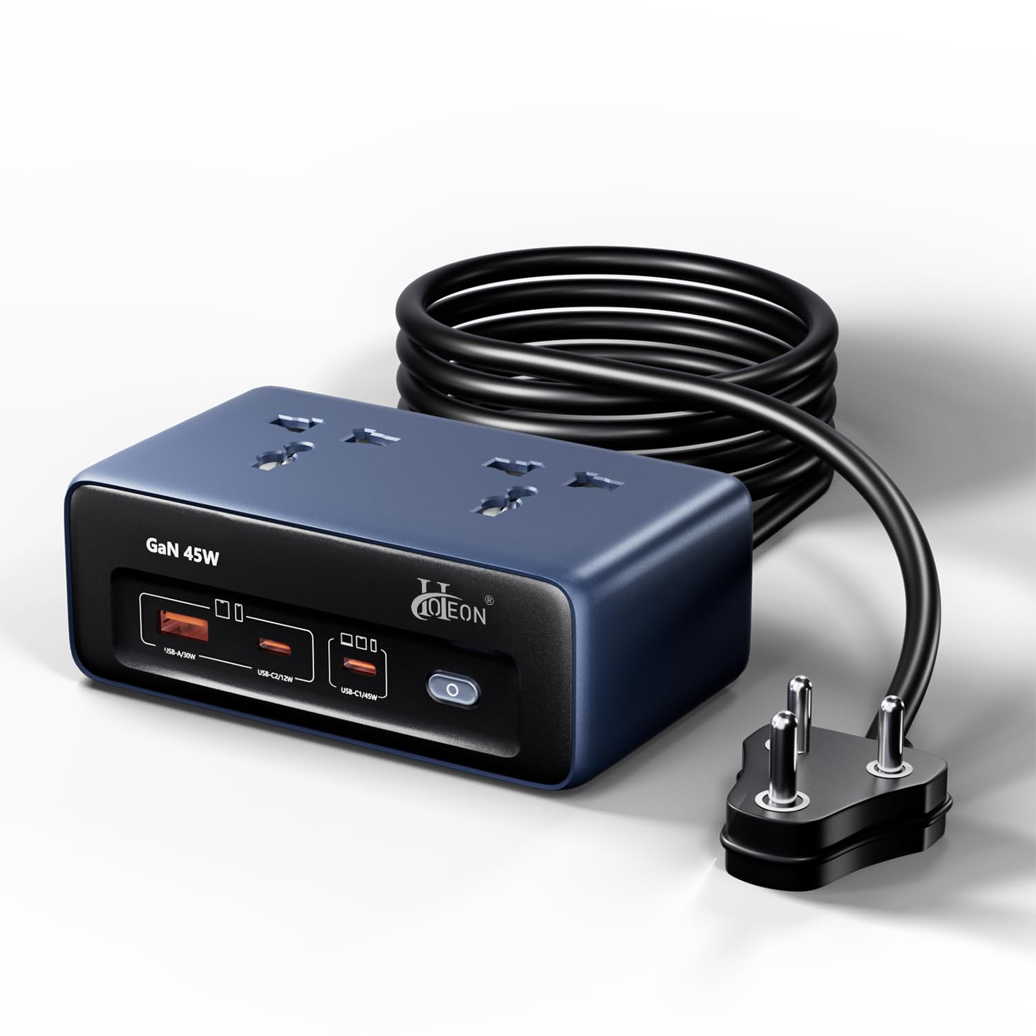 hoteon extension board with surge protection, 45w usb-c pd fast charging (gan), 10a/2500w spike guard, 2 universal sockets, 2 usb-c + 1 usb-a, 2m extension cord with indian 3-pin plug for home/office