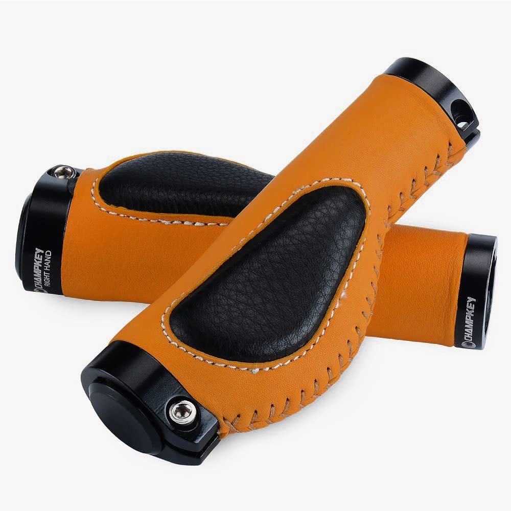 Fahrradgriffe Fahrradgriff Aluminiumlegierung Lock Ring Leder Integriertes Mountainbike Lenkerbuchse Gehäuse Stoßdämpfung Griffe MTB Griffe(Orange Black)