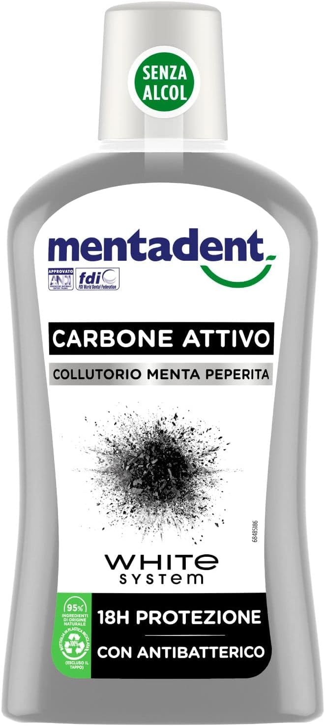 MENTADENT Collutorio Carbone Attivo - Enjuague bucal diario para higiene bucal, efecto fresco intenso, protección de dientes y encías, 500 ml + llavero Beni Culinari gratuito