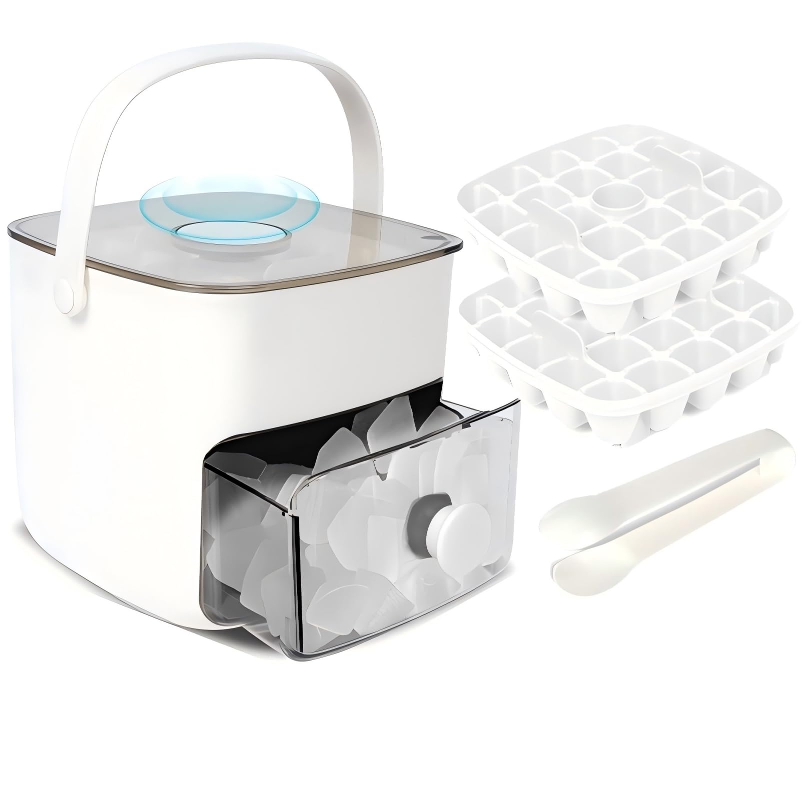 Photo 1 of Ice Cube Tray with Lid & Bin Ice Maker Ice Trays for Freezer Ice Container- Reusable Ice Mold for Whiskey, Cocktail, Coffee, Beer Drinks with Ice Trays Ice Tongs (White)