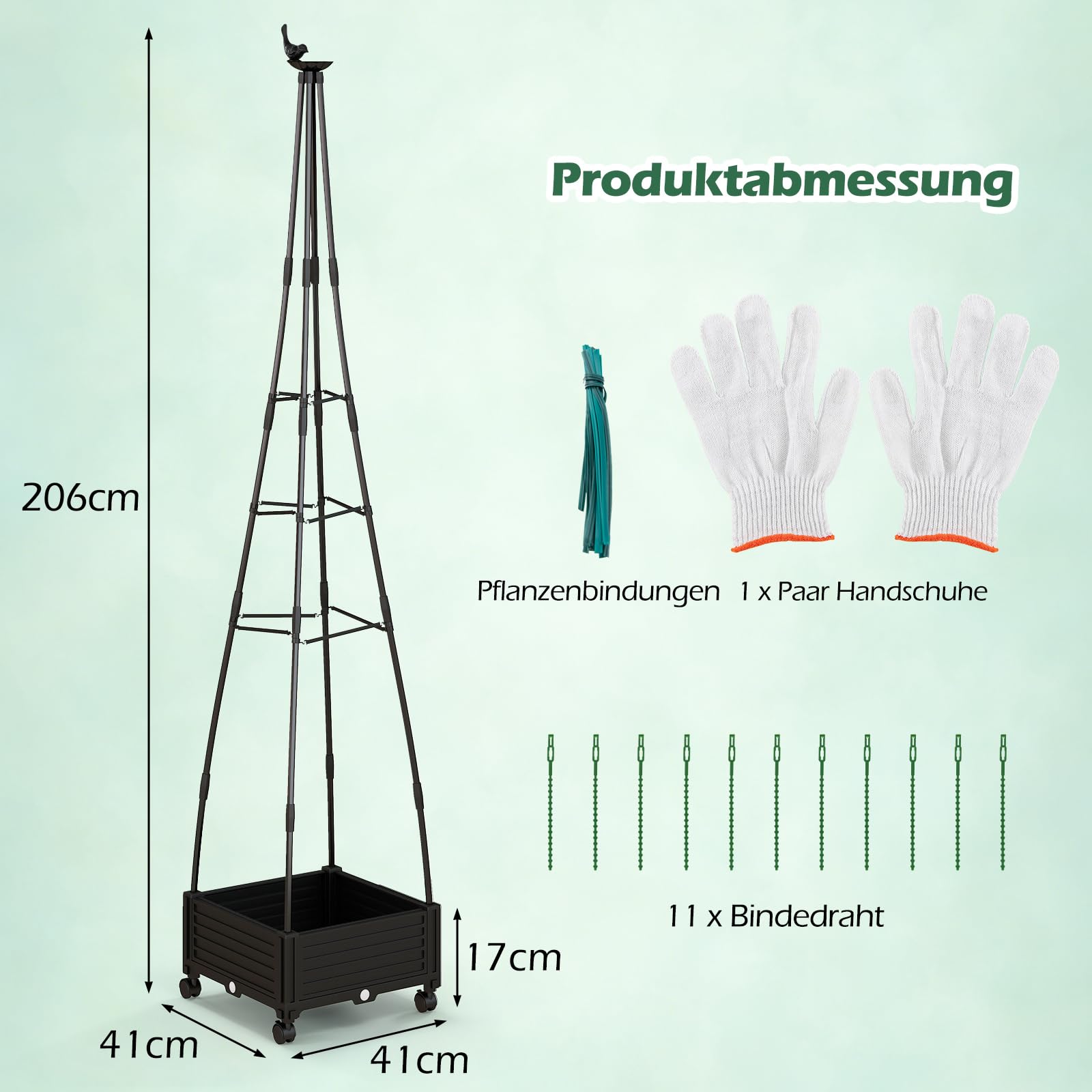 COSTWAY Klimhulp met bloembak op wieltjes, 211 cm, tuin, obelisk, gecoat metaal en PP, in hoogte verstelbaar, rankrooster met plantenbak en zelfbewatering, voor klimplanten, tomaten en bloemen