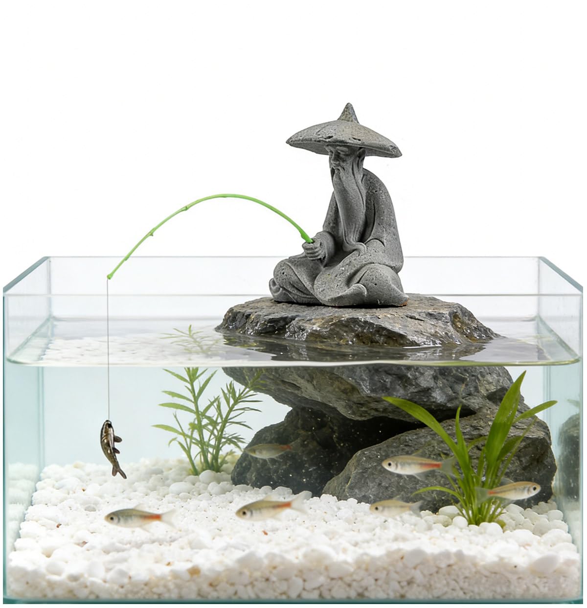 livelyfish Mini Fisherman Statue Asian Zen Decoration Sitting Fishing Figurines Sandstone Vintage Ornament for Aquarium Fish Tank Pot Garden Home Japanese Decor (D2)