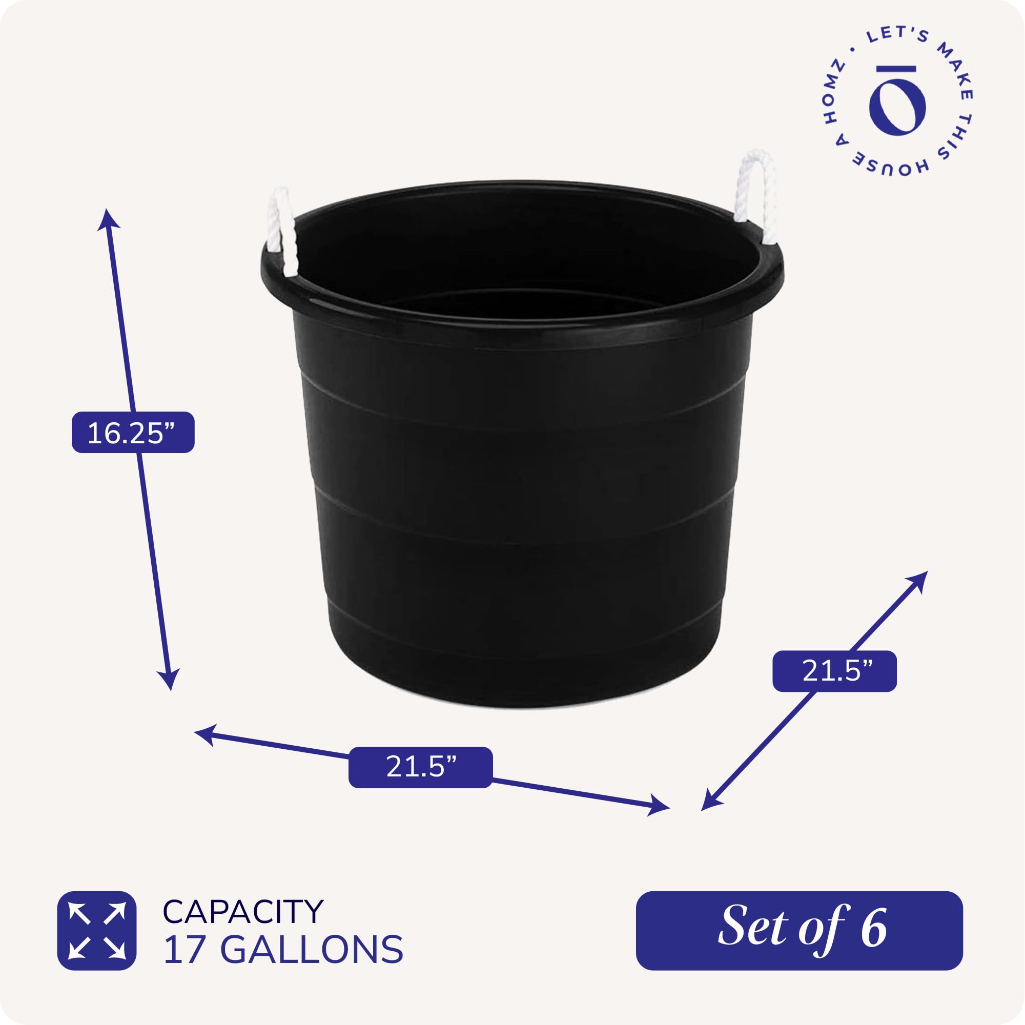 HOMZ 6-Pack Utility Tub, Large Plastic Storage Bucket with Rope Handles, 17 Gallon, Black - Portable Indoor and Outdoor Buckets for Kitchen, Laundry, Garden, Bathroom, and Garage Organization