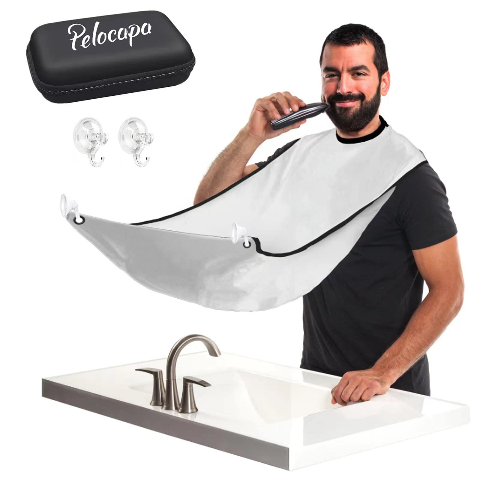 Pelocapa Beard Grooming Bib for Men, Non-stick Beard Shaving Catcher, Beard Trimming Styling Bib with 2 Suction Cups and Storage Bag (White)