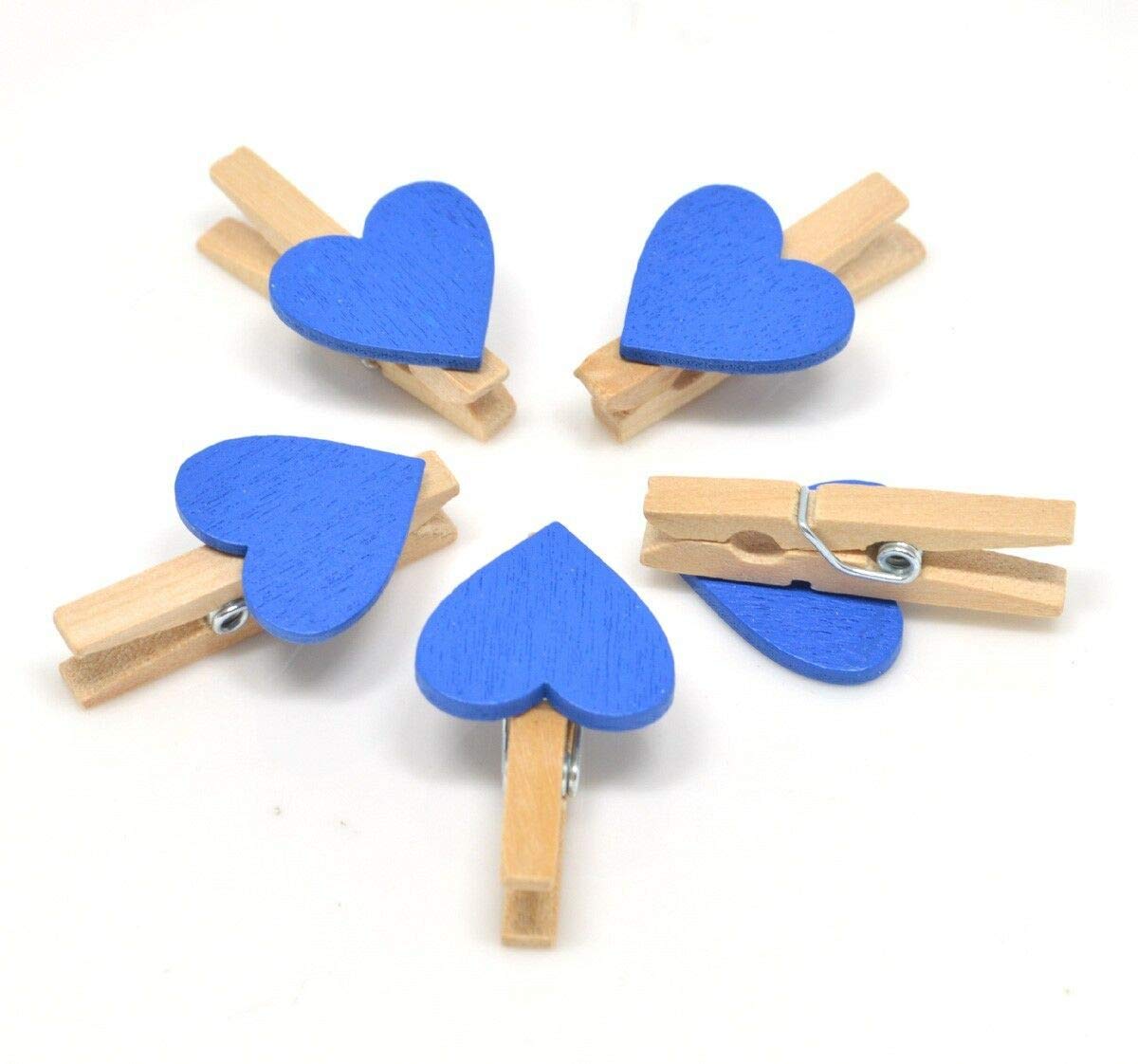 Polybagstores Blue Pack Of 25 - Coloured Hearts On Natural 30Mm Wooden Pegs