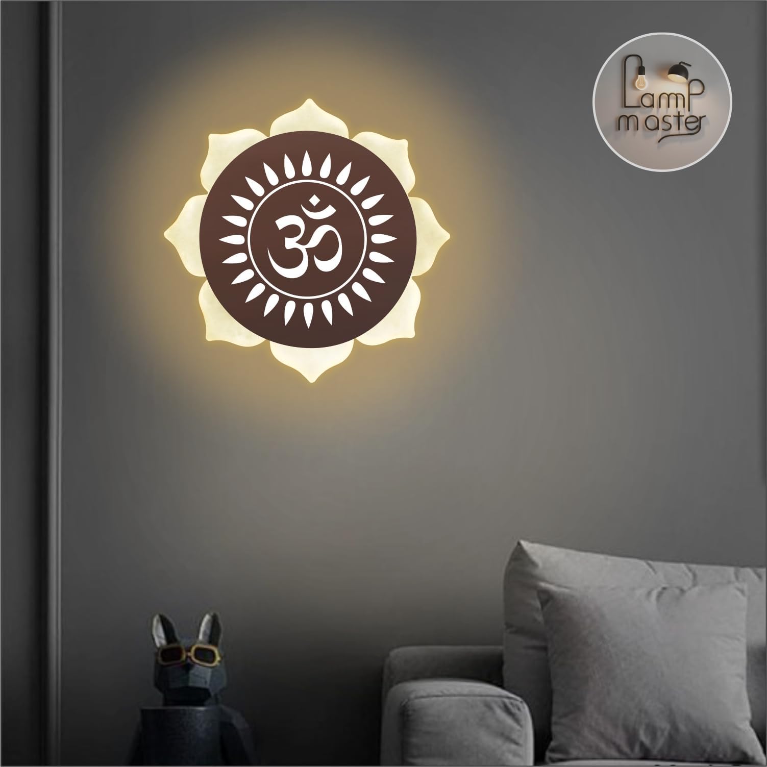 Lamp master Flower Om LED Wall Light - Rose Gold & Frosted Acrylic | 23cm | Warm White | Ideal for Temple, Living Room, Bedroom, Pooja Room, Mandir, Shops, Hotel (Flower - Om - Rose Gold)