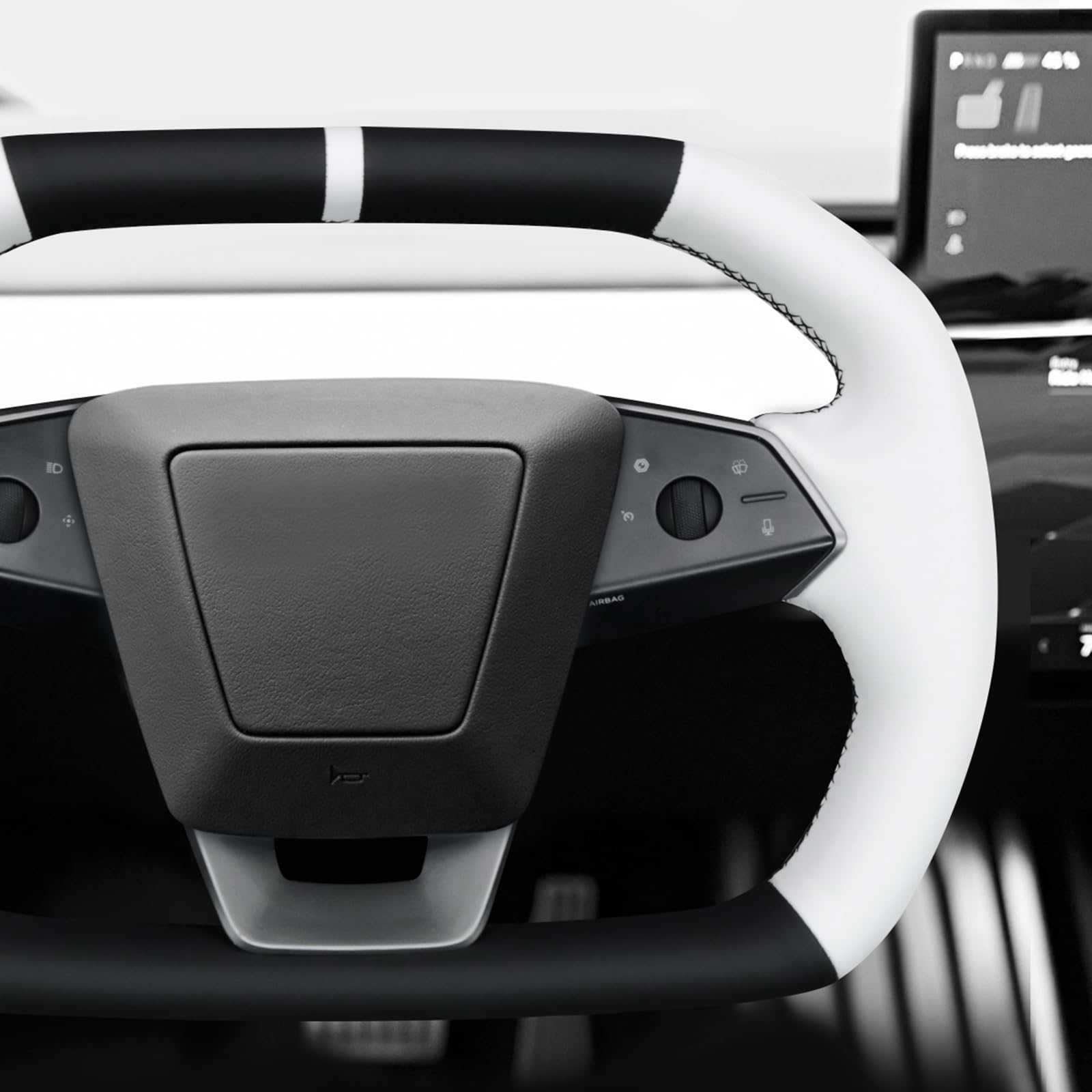 MEWANT Funda de volante de cuero de costura DIY blanca para volante de Tesla Cybertruck 2023-2025 Accesorios de volante para accesorios interiores de Cybertruck
