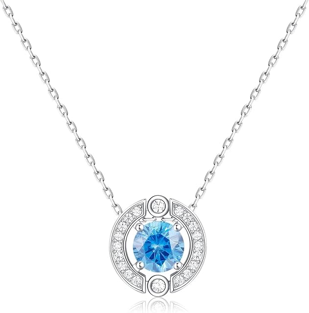 Birthstone Halo Necklace for Women: Sterling Silver Platinum Plated Sparkling Gemstone Round Cut Solitaire Pendant Cubic Zirconia Necklaces Clear Crystal Meaningful Jewelry Gifts for Woman Teen Girls