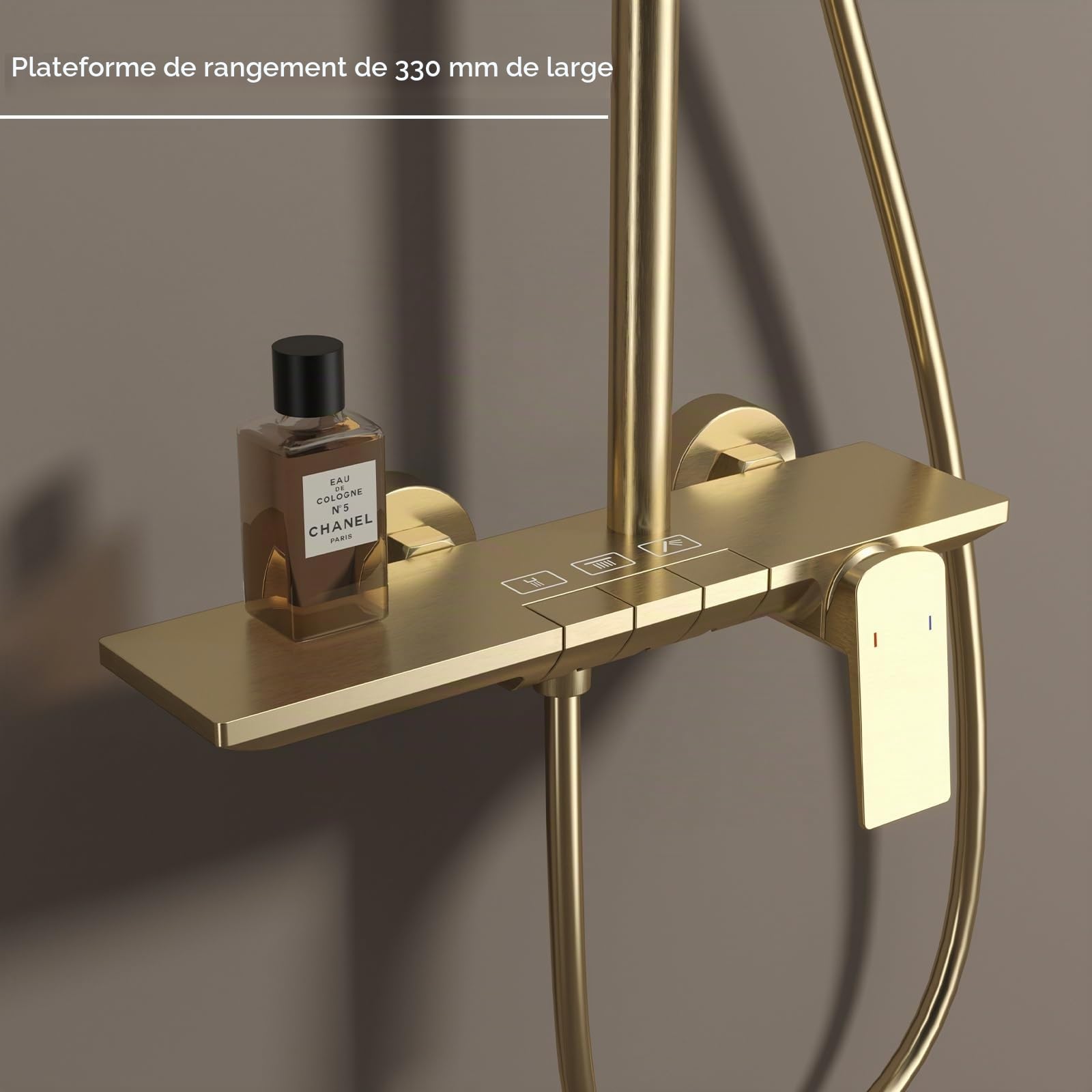 Or Brossé Colonne de Douche avec Mitigeur Monocommande, Hauteur Réglable Ensemble de Douche avec 4 Jets Douchette Système de Douche 32.5cm Pommeau de Douche, Bec Cascade