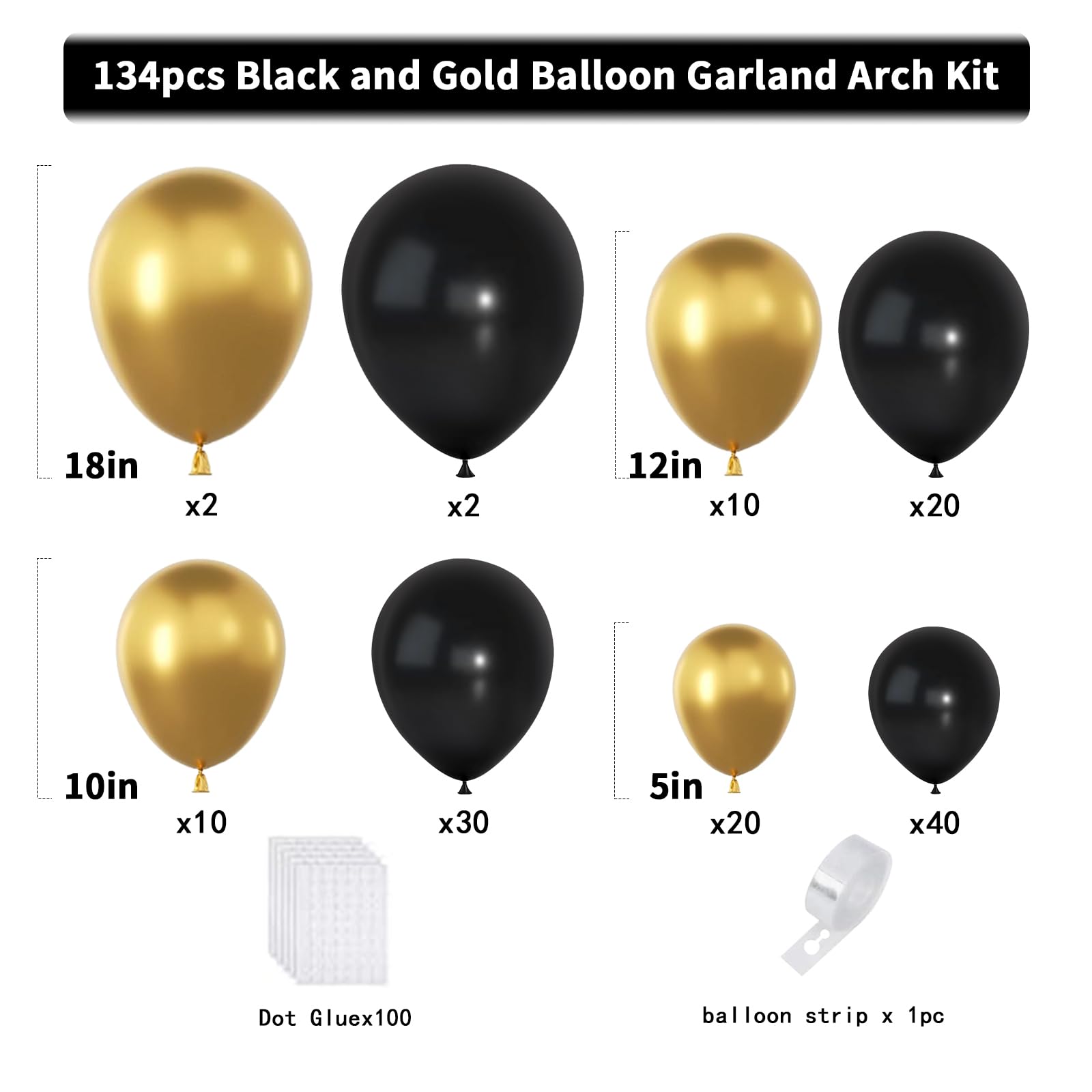 Black and Gold Balloons Garland Arch Kit, 134pcs Black and Metallic Gold Balloons with Different Size for Graduation, 2024 New Year, Birthday, Anniversary Party Decorations Supplies
