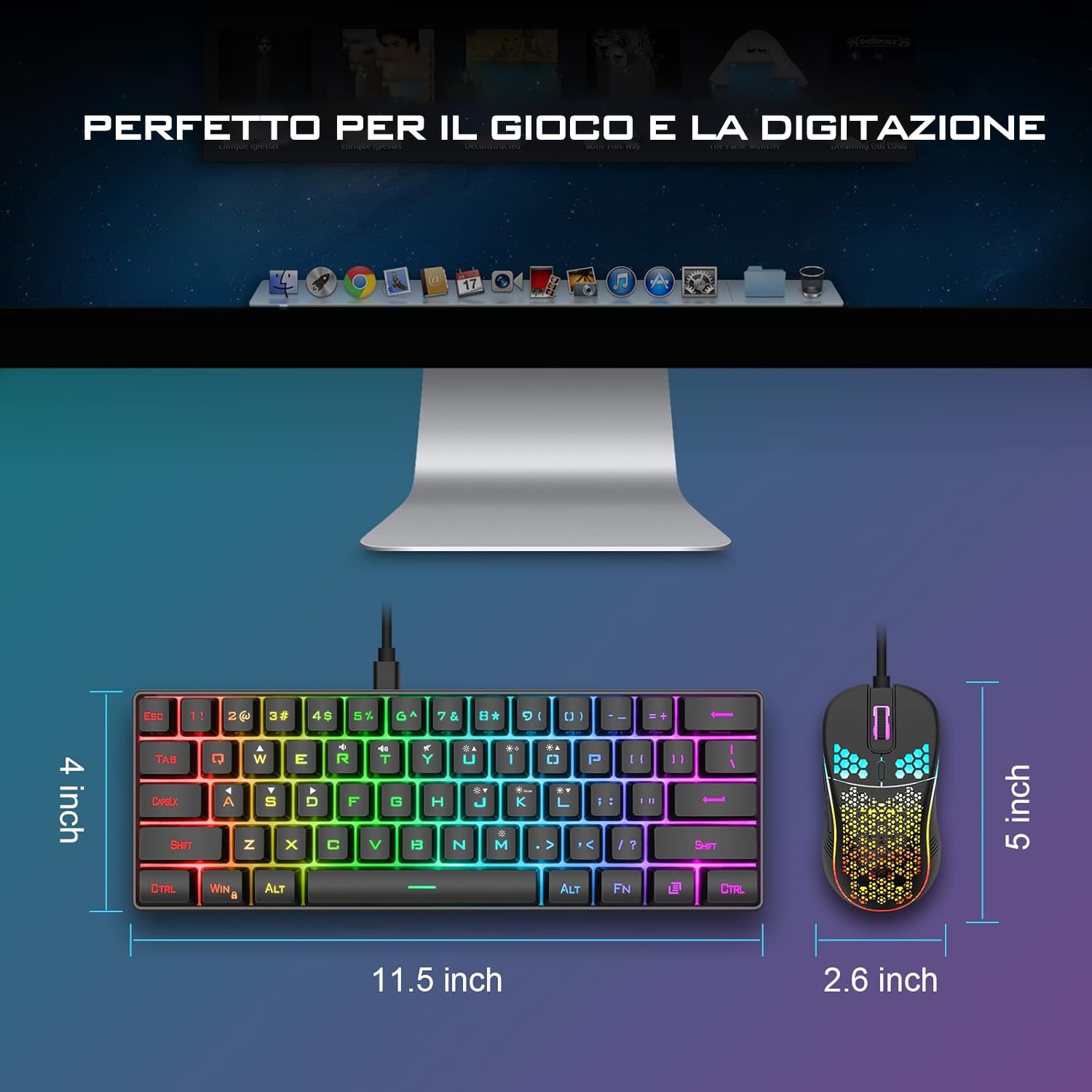 RedThunder 60% Tastiera da Gioco Meccanica Cablata, Retroilluminazione Dinamica RGB, Mouse a Nido D'ape Leggero da 7200 DPI, Tastiera Ultracompatta, 62 Tasti Anti Ghosting, Layout IT per PC/PS5-Nero