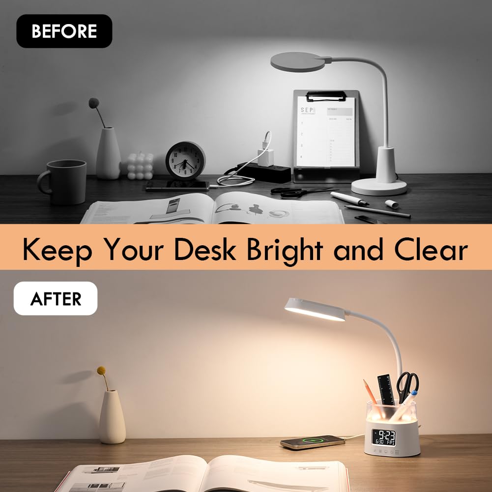 Lámparas LED de escritorio para oficina en casa con soporte para bolígrafo, lámpara de mesa para dormitorio con puerto de carga USB y reloj, luz nocturna RGB, lámpara de estudio para niños y 6