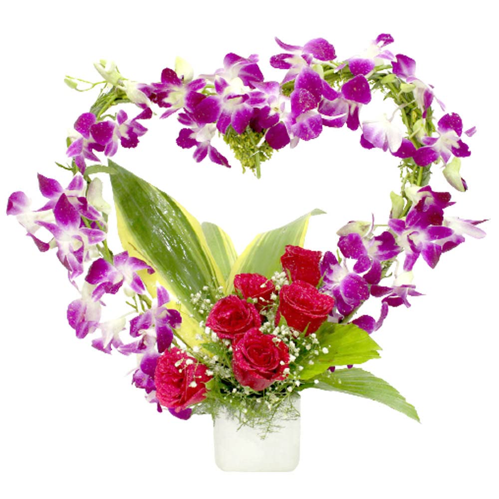 EG2i Heart Orchid and Red Roses in Vases, Home Decore, Mother's Day Gift, Fresh Flower Gift for Love, Valentine's Day Gift, Same day Delivery