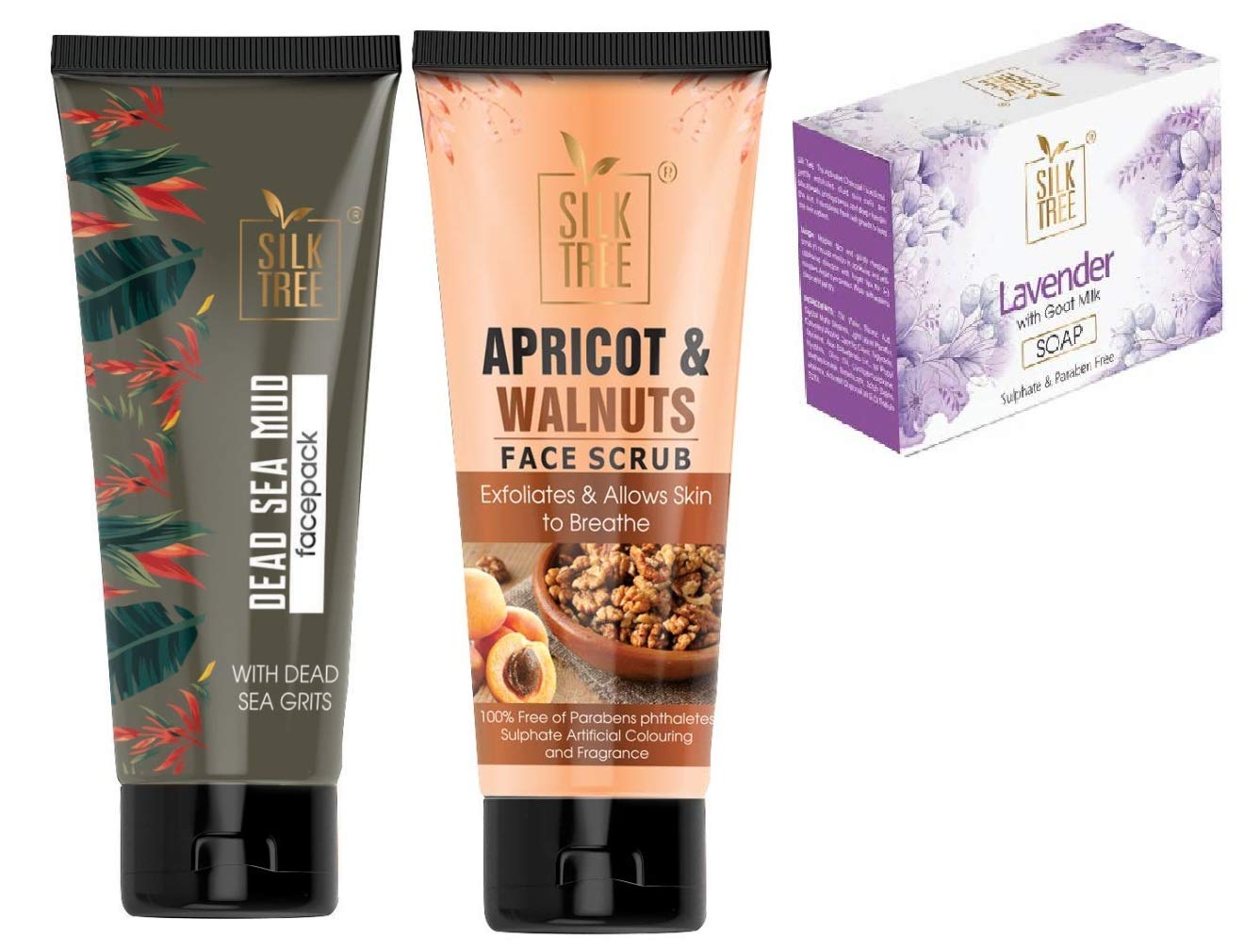 SILKTREE Combo Dead Sea Mud with Sea Grits Face Pack (65gm) and Lavender with Goat Milk Handmade Soap (125gm) and Apricot & Walnuts Exfoliating Face Scrub (65gm)