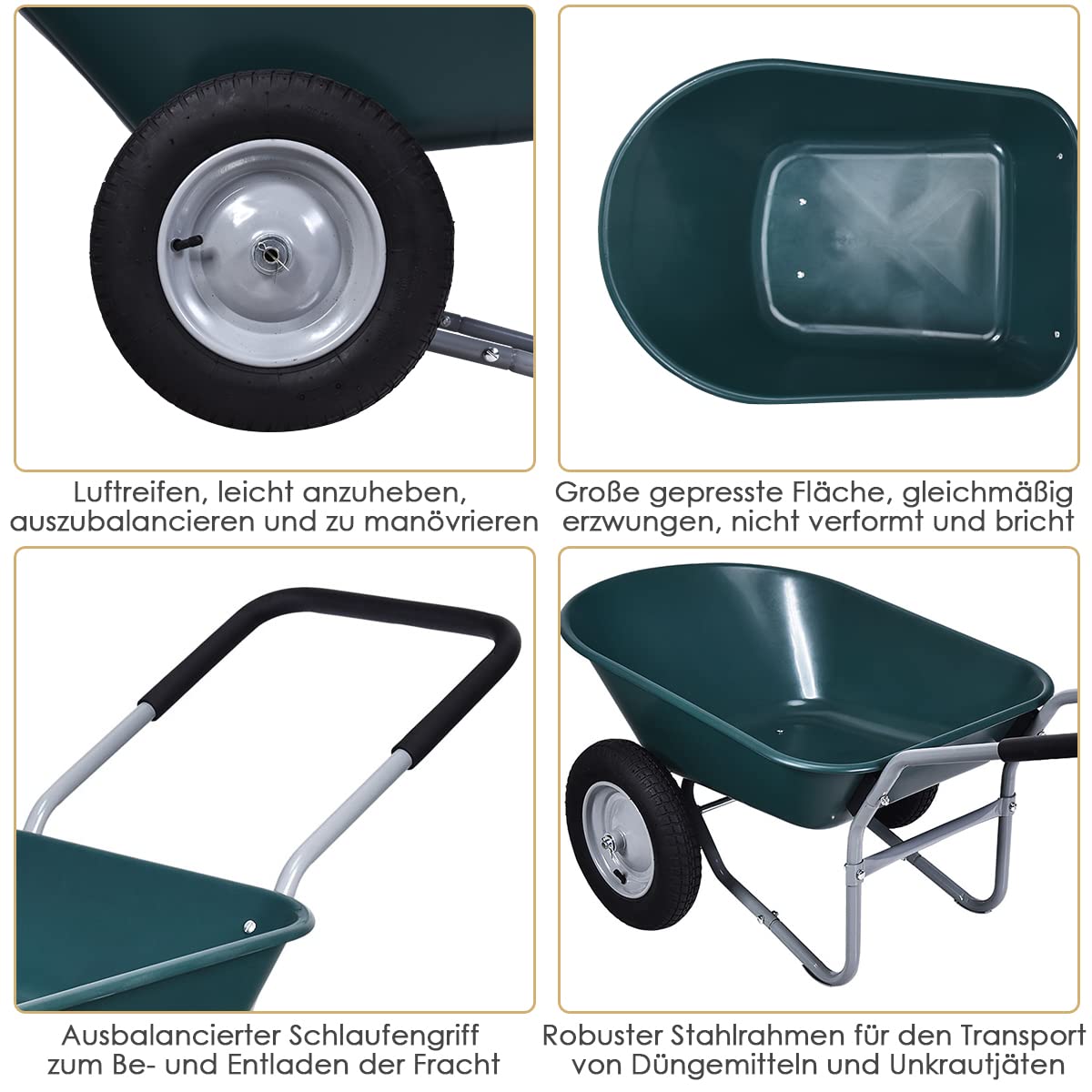 GOPLUS Schiebkarre, Schubkarre mit 2 Luftreifen mit Metall Felge & PP Wanne & Softgrip-Griffe, Bauschubkarre mit Tragkraft, für pferdemist & Erde & Werkzeug, für Garten & Stall (Grün)