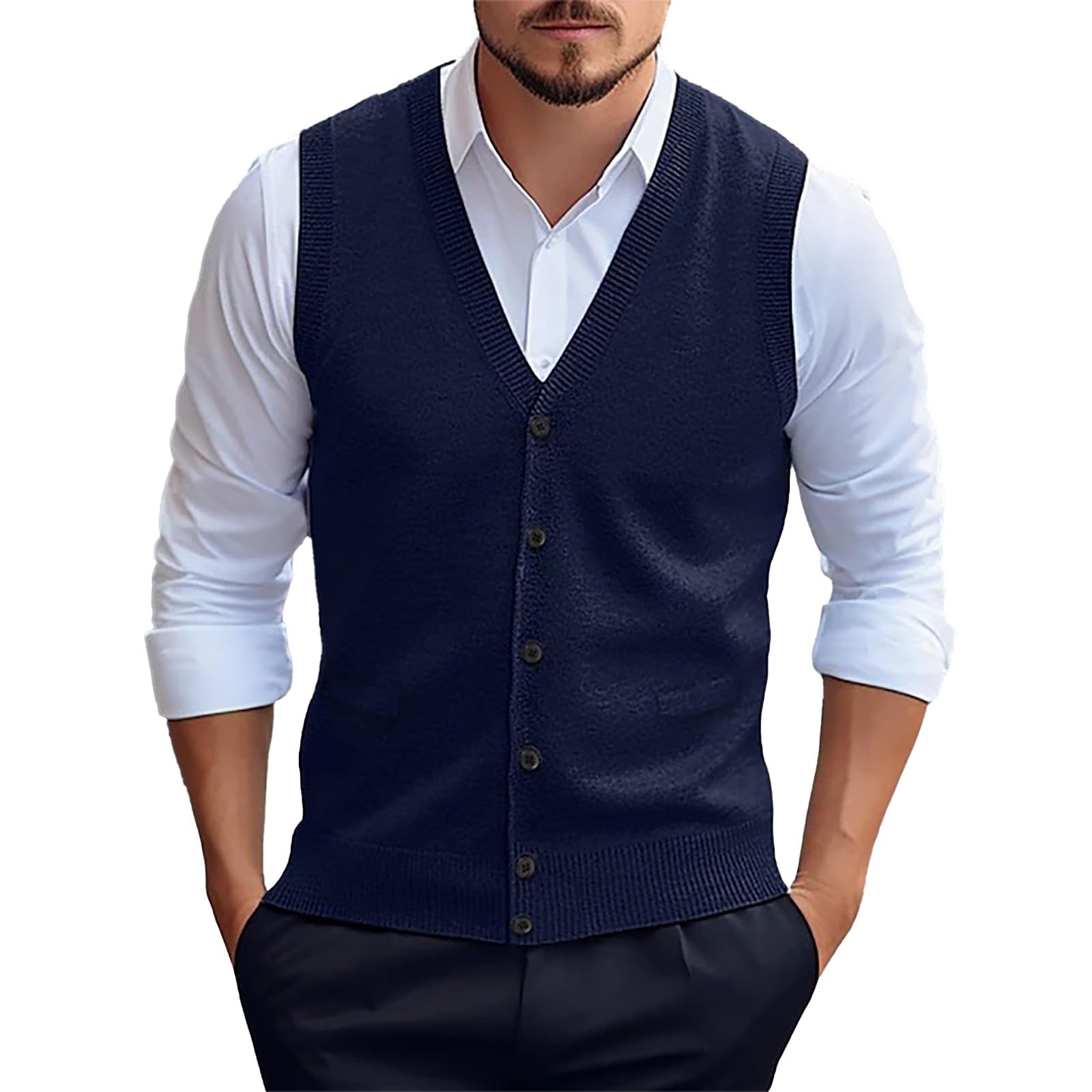 Gilet da uomo in maglia con bottoni, slim fit, con scollo a V, senza maniche, morbido misto lana, gilet casual, leggero e traspirante, ideale per ufficio, golf e uso quotidiano