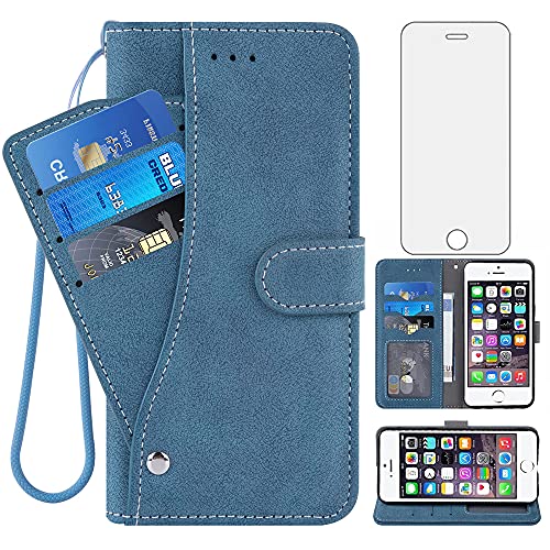 Asuwish Compatible with iPhone 5/5S/SE 2016 Wallet Case and Tempered Glass Screen Protector Flip Credit Card Holder Stand Cell Accessories Phone Cover for i 5SE 1 1st Gen A1723 A1662 Women Men Blue