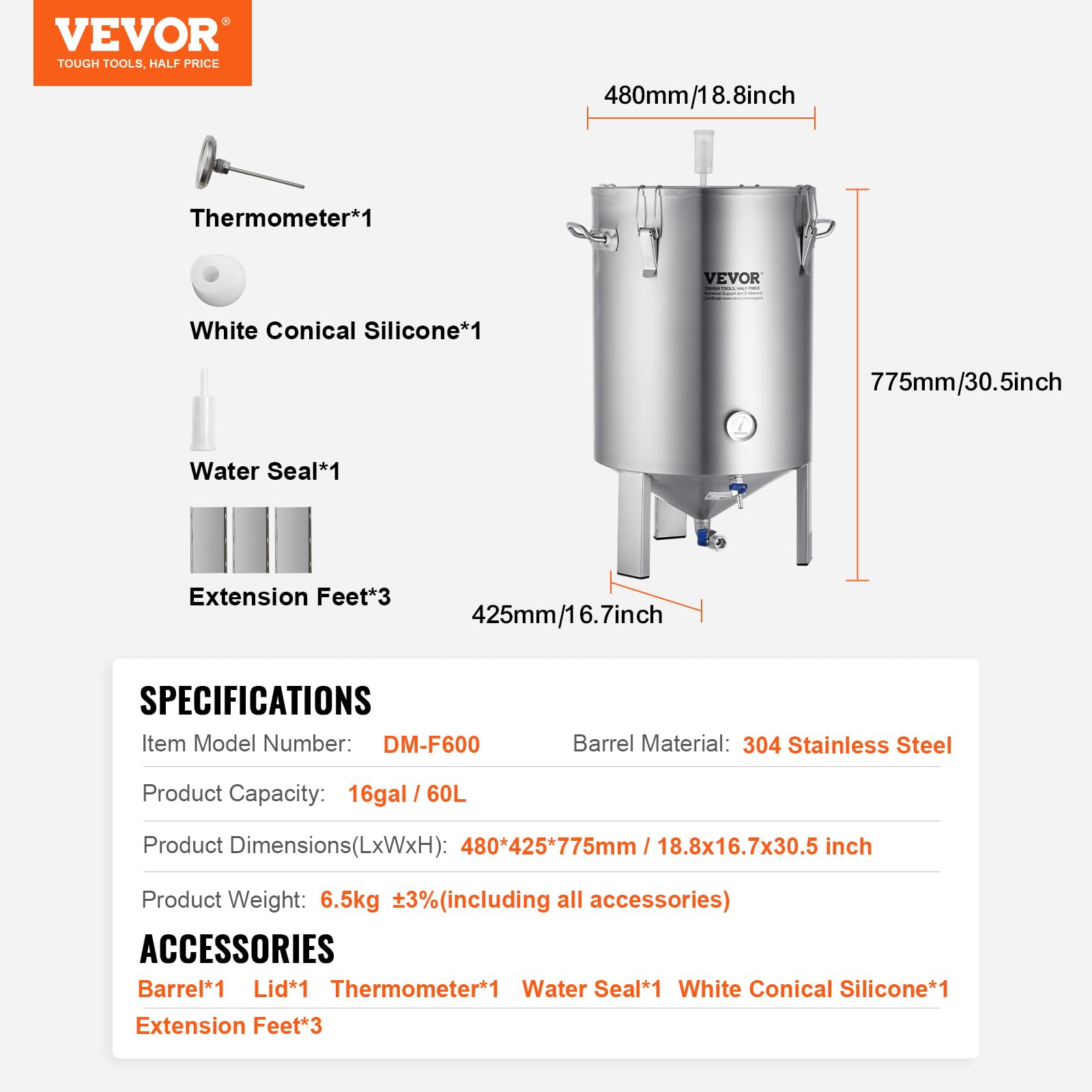 VEVOR Cuve de Brassage de Bière en Acier Inoxydable 304, Cuve Fermentation Bière 60 L, Seau de Brassage Domestique avec Base, Couvercle, Poignée, Valve, Robinet et Thermomètre, pour Brasseur Maison