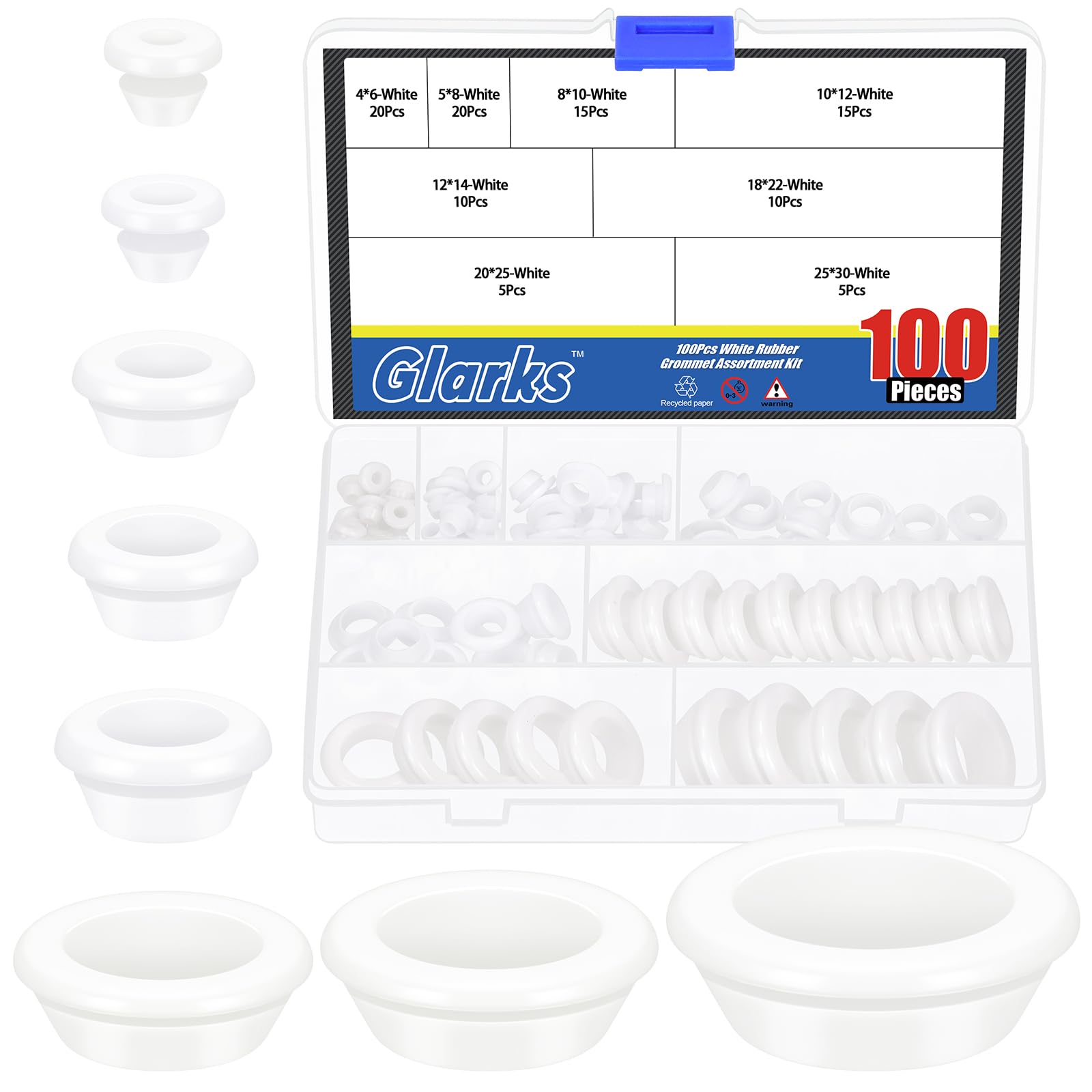 Glarks 100pcs 8 Sizes Round Hollow Rubber Grommet Set, White Drill Hole Double Sided Hollow Firewall Hole Plugs, Round Electrical Wiring Gasket for Wire, Tables, Pump, Plumbing