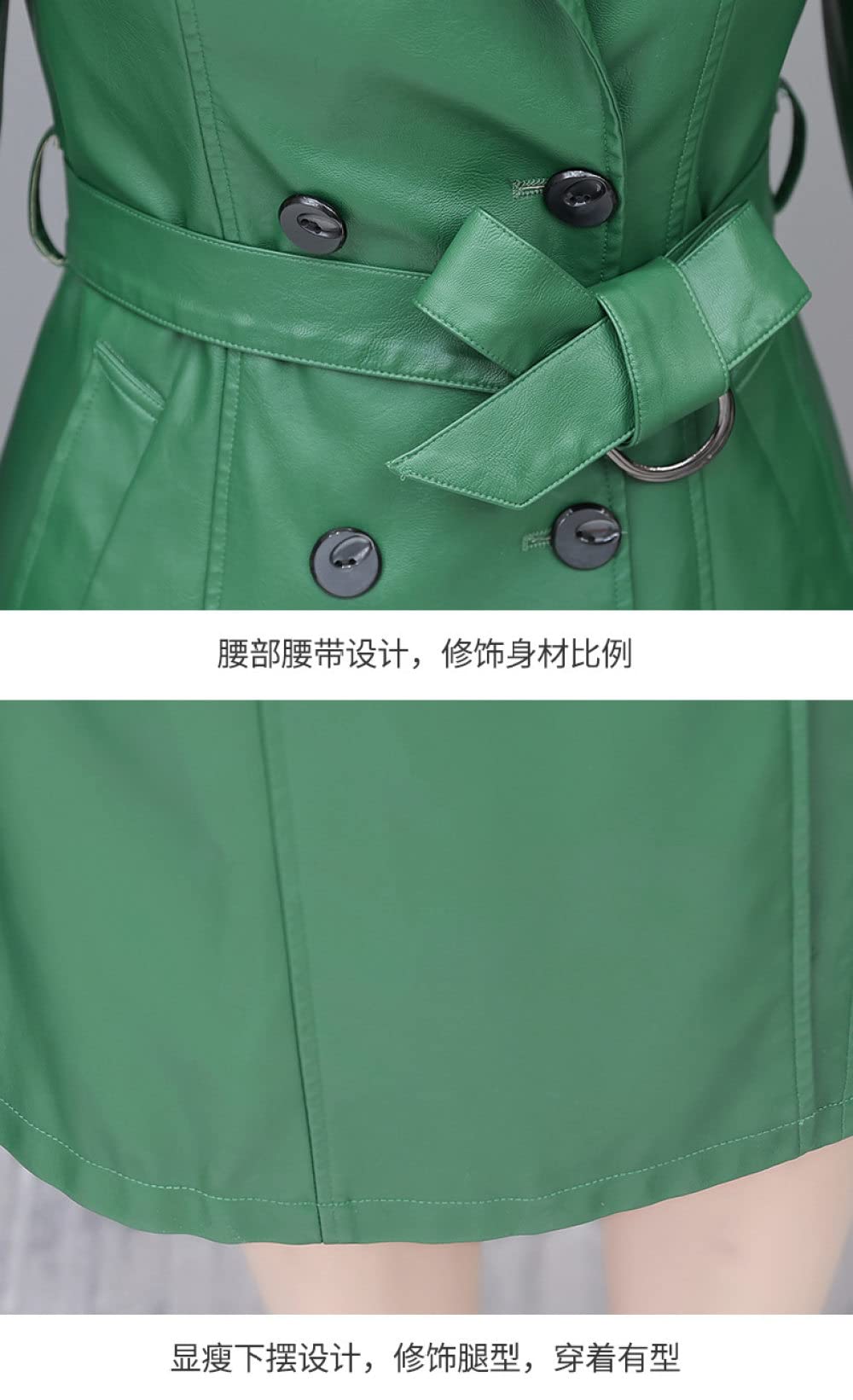 Chaqueta Mujer,Gabardina De Piel Sintética Para Mujer, Chaqueta Verde Con Solapa Larga, Cinturón De Doble Botón, Bolsillo, Elegante, De Manga Larga, Ajustado, Moto Biker, Abrigo De Pu, Prendas De