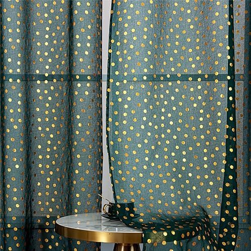 Deeprove Green Sheer Curtains 96 Inches Long 2 Panels Set, Gold Foil Polka Dots Print Window Treatments for Christmas Home Decor, Golden Privacy Drapes Pair, 52″ W x 96″ L, Emerald