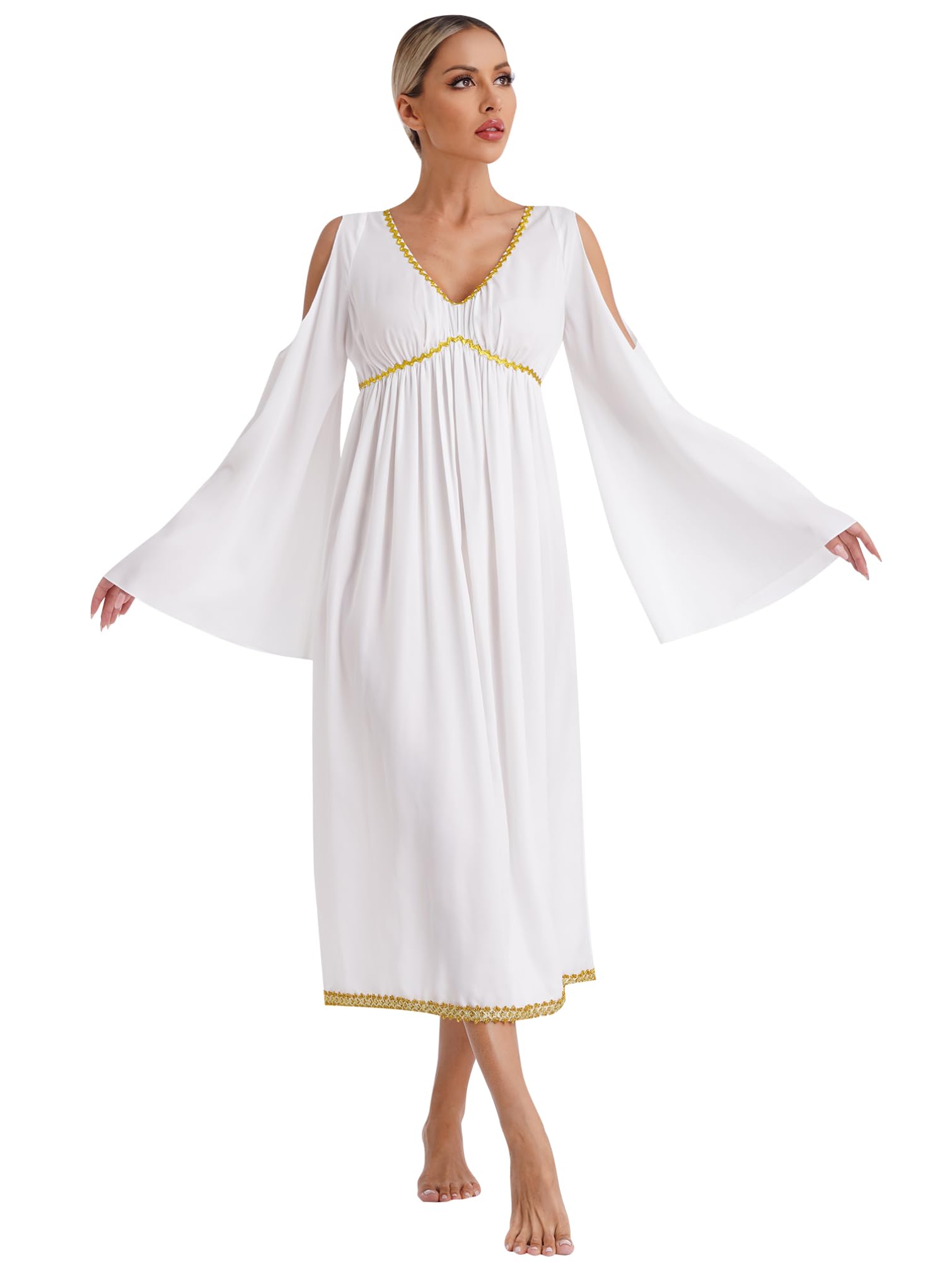 TiaoBug Vestido De Diosa Griega para Mujer Vestido Elegante Manga Larga Vestidos De Fiesta De Mitología Romana Antigua Disfraz De Toga Griego Romano Antigua