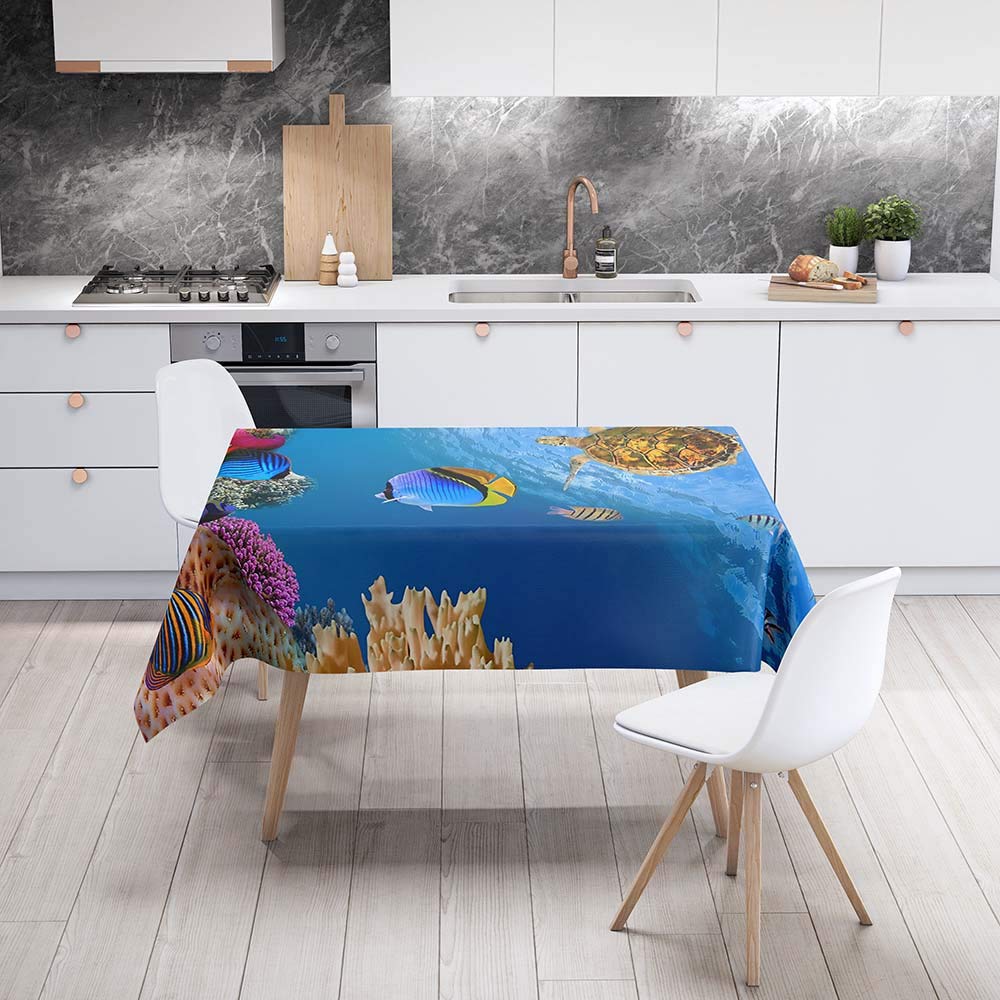 Tovaglia Rettangolare Impermeabile FANSU – Oceano Tropicale Sottomarino, Verde Tartaruga, 140x160cm, Lavabile