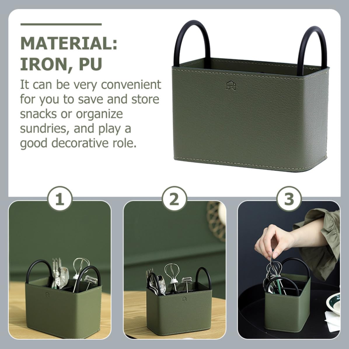 Cesta de Almacenamiento de Pu, Estuche de Almacenamiento, Verde, de Hierro y Pu, para Guardar Mandos a Distancia, Organizador de Escritorio y Tocador
