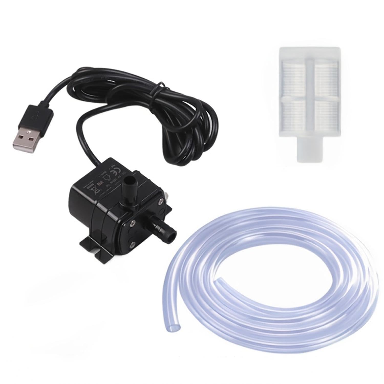 USB 5V 水中ポンプ 1W 130L/H 静音設計 噴水・アクアリウム用 省エネ 小型 USB電源対応 1.5mホース&フィルター付属 (安全設計/水漏れ防止/観賞魚対応) LIMUNJIZ (ポンプ+水道管+ろ過)