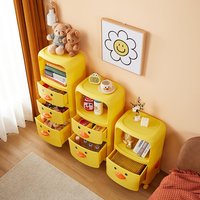 Urbane Home ( Pack of 1 Duck Storage Rack | Large Capacity Trolley Rack For Living Room | Storage Rack For Books | Multipurpose Storage Trolley with Drawers & Wheels For Toys | 518-1 | Yellow 1