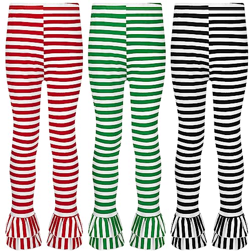 Panitay 3 Pcs Girls Christmas Leggings Christmas Pants Ruffle Flare Leggings Footless Stripe Tights for Girls Toddler