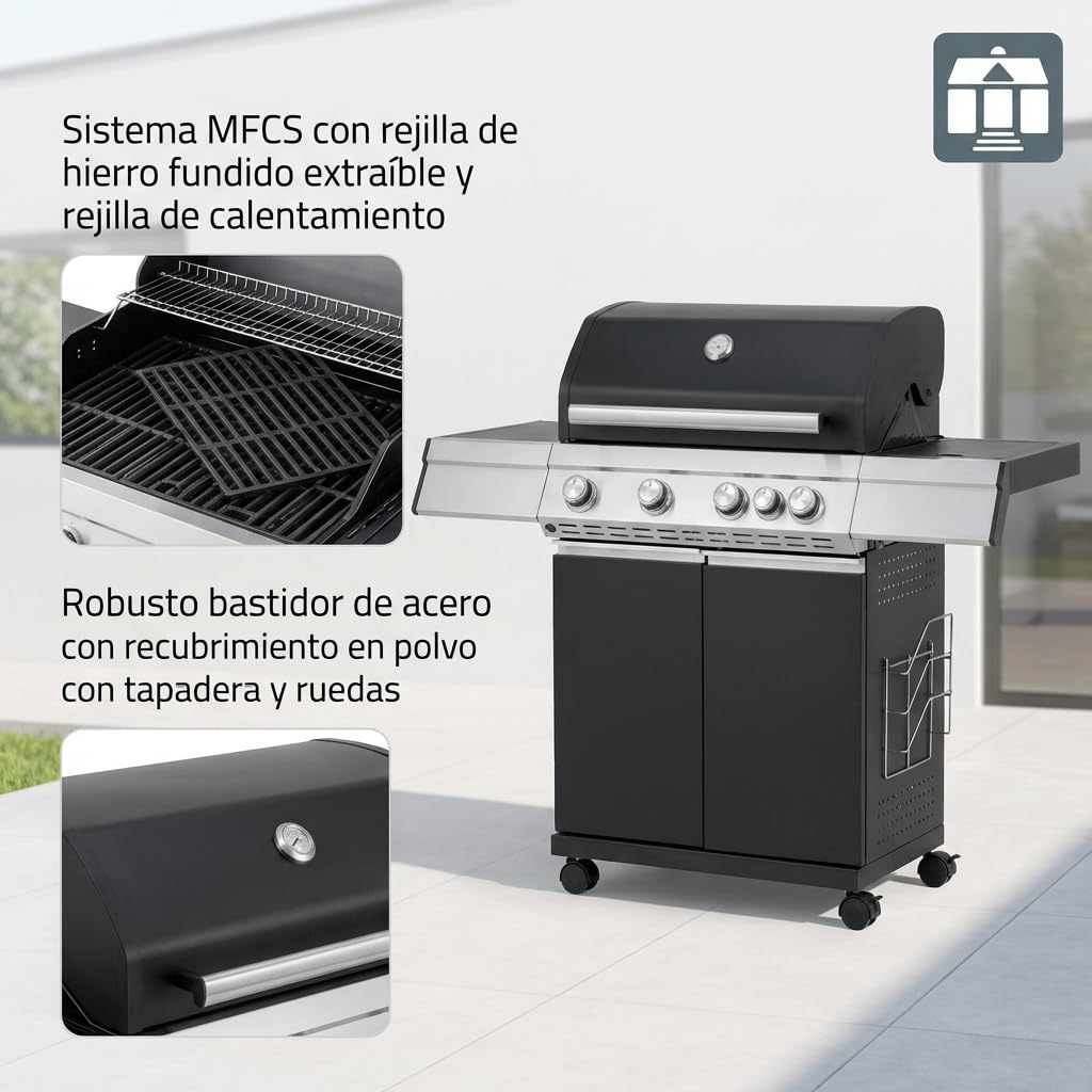 Tarrington House Barbacoa de gas Paxton de 4 + 1 Quemadores, Acero/Acero Inoxidable, Tapa con Termómetro, Mesa Auxiliar, Ruedas, Negro