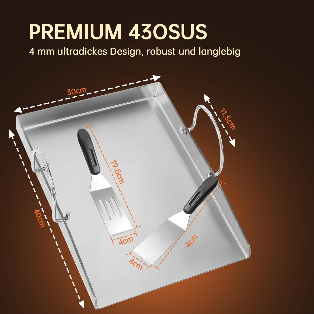 Plaque de cuisson en acier inoxydable - 40 x 30 cm - Épaisseur : 4 mm - Avec poignée amovible - Plaque de cuisson pour barbecue à gaz, barbecue à charbon et hamburgers - Plaques de cuisson