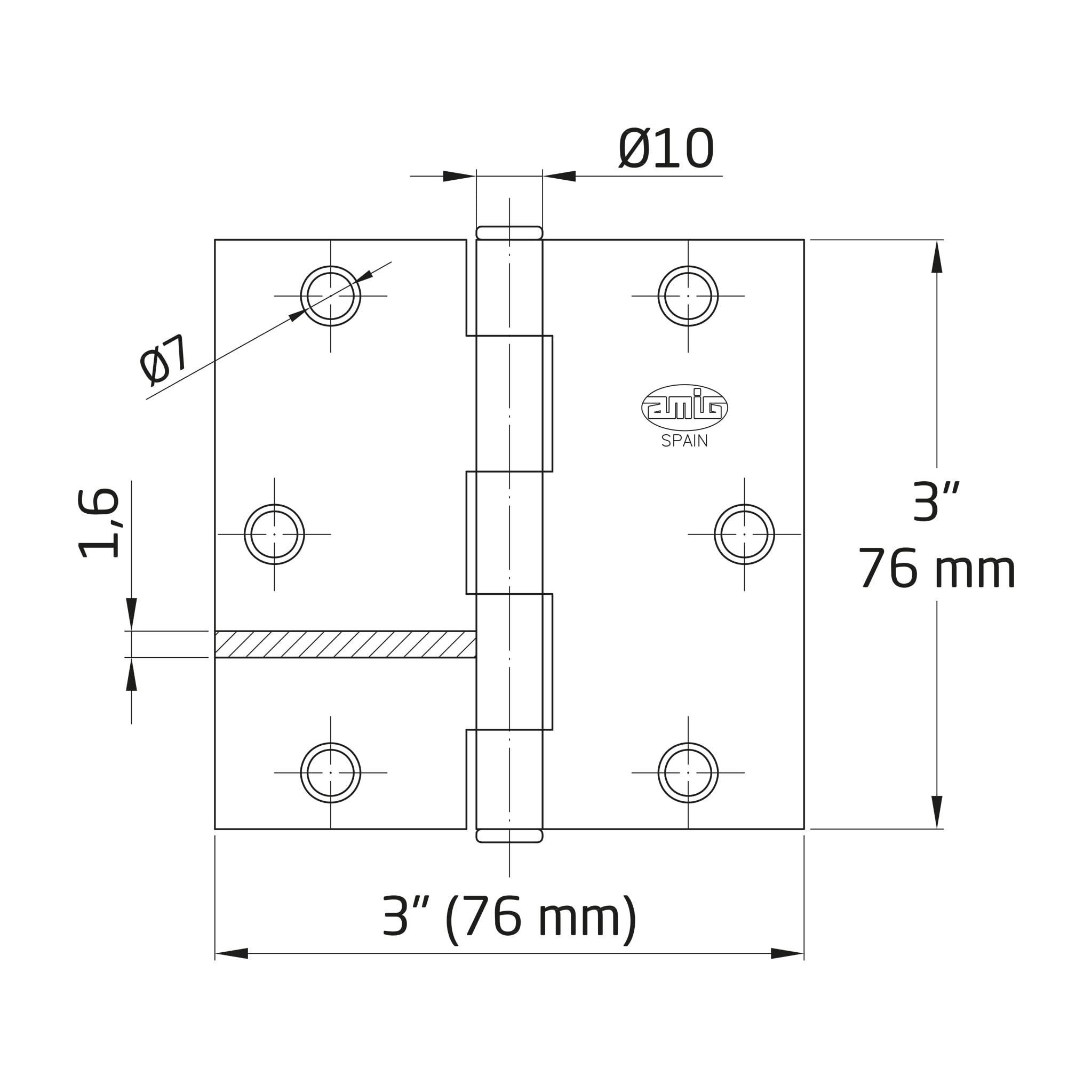 Amig, Security Hinge, 3'' x 3'' (76 x 76 x 1.6 mm), Square Edges, Flat Finial, Holds Entry Doors Firmly - Image 2