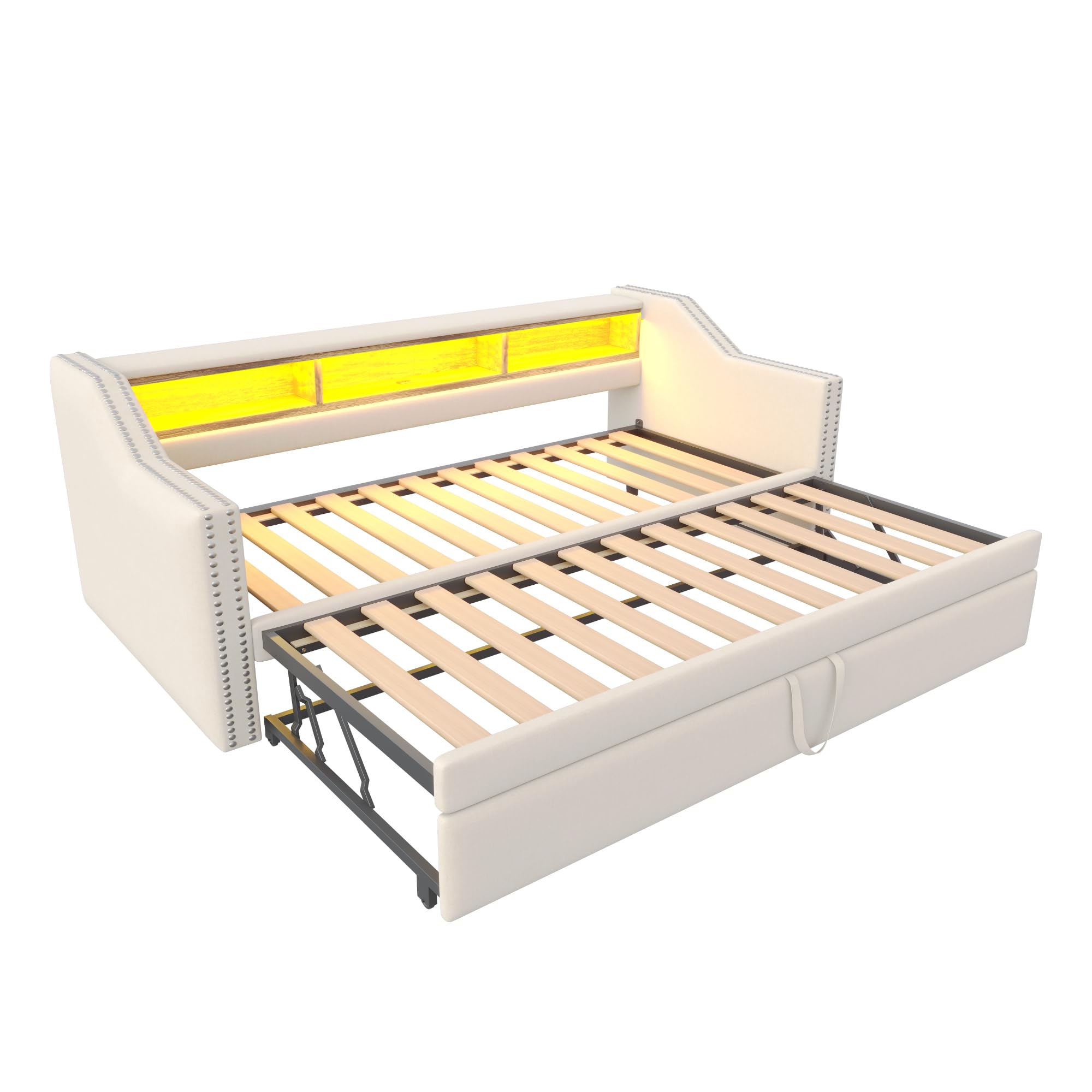 Merax Canapé-lit convertible 90/180 x 190 cm, Canapé pliable avec lumière LED et prise USB, canapé lit 2 places avec fonction couchage en tissu lin, beige (sans matelas)
