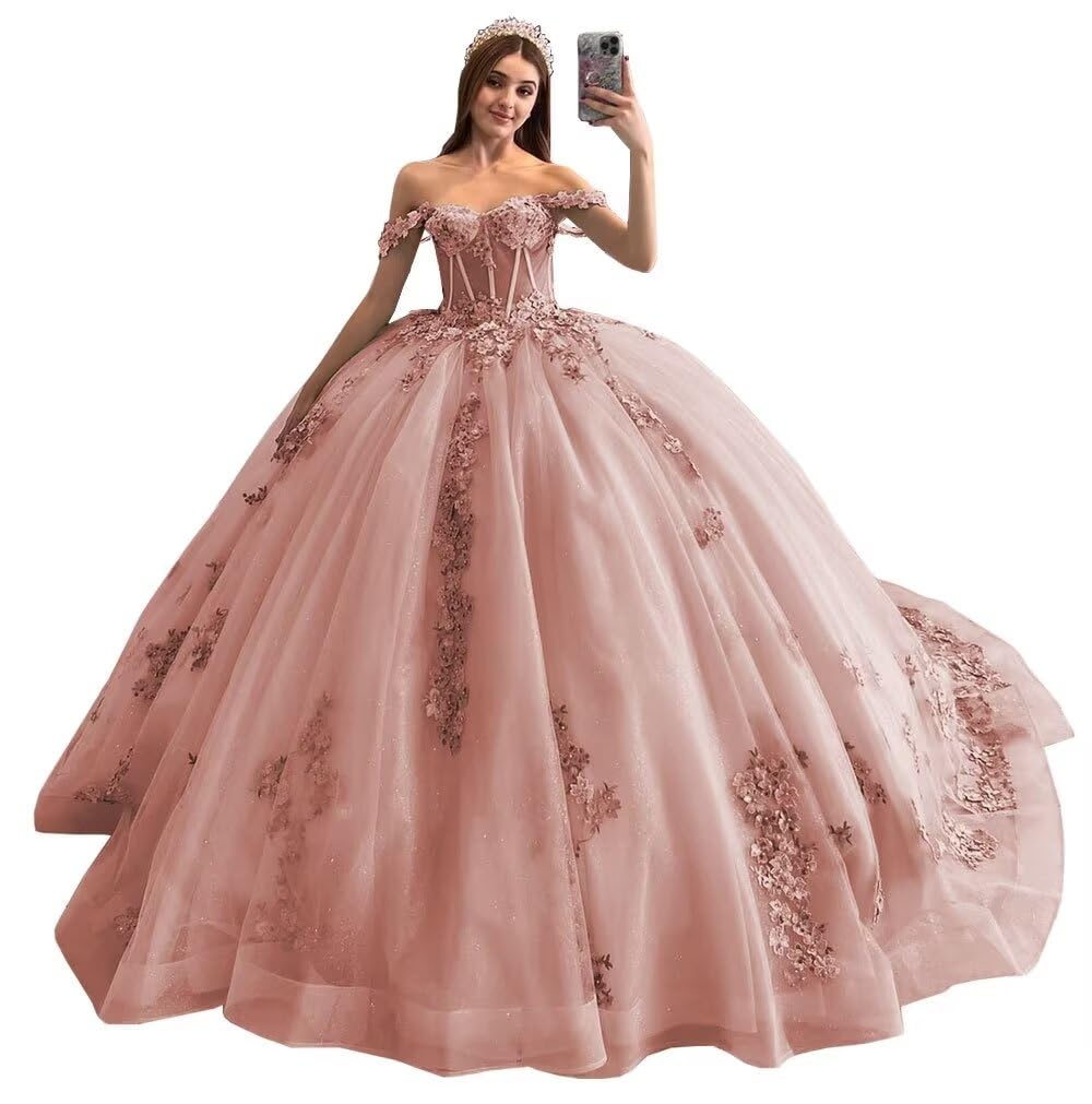 Sparkly Lace Pearly Quinceanera Dresses Puffy Beaded Sweet 16 Ball Gown Tulle 3D Floral Off Shoulder Prom Gown XXF047