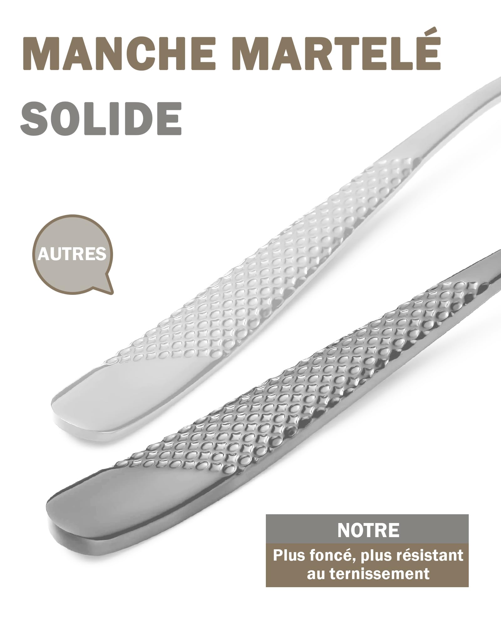 Ensemble de couverts modernes 24 pièces, Argent martelé Couteaux dentelés 2-en-1 ultra-tranchants, Service en acier inoxydable 18/10 Set pour 6 personnes, Couteaux, fourchettes, Cuillères