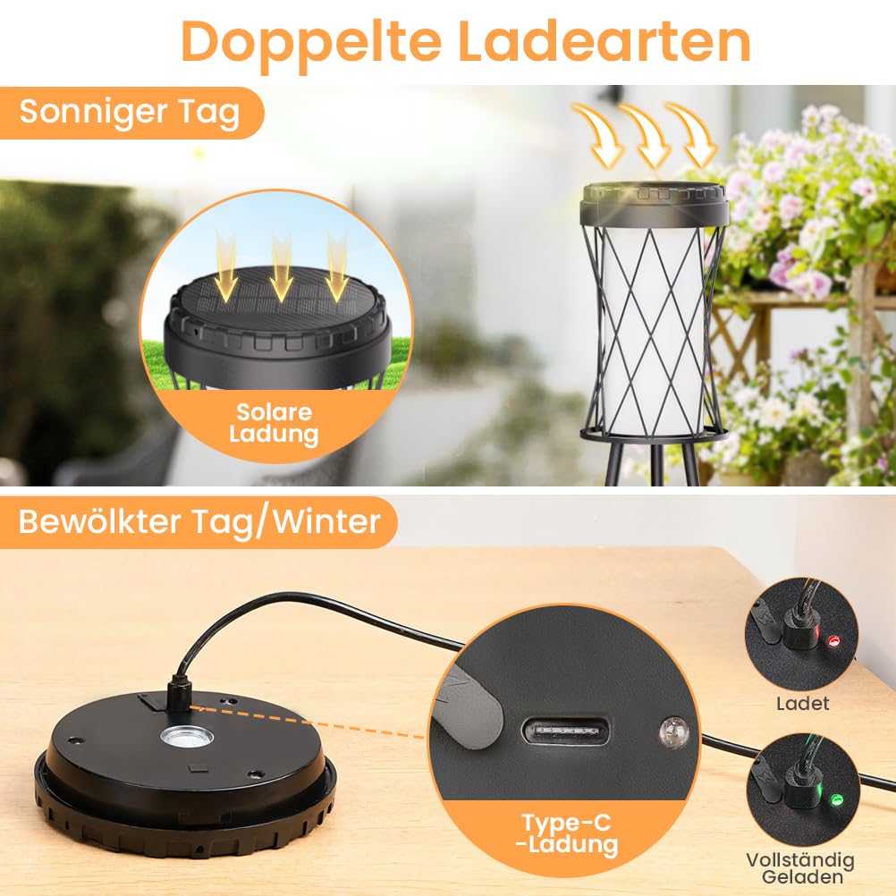 OUSFOT Solarlampen für Außen USB Ständer Wasserdicht Gartenlampen Solar Drei Farbtemperatureinstellungen