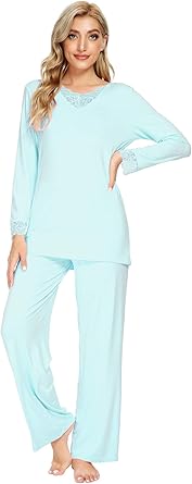 Bamboo Soft Pajamas Sets for Women Long Sleeve Sleepwear Laced V Neck Top Pants Plus Size Loungewear at Amazon Women's Clothing store