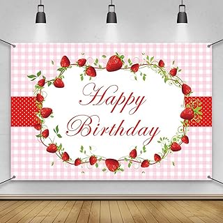 AWERT Polyester 6x3.6ft Happy Birthday Banner Red Strawberry Birthday Party Decorations Banner for Girls Birthday Party Supplies Strawberry Theme Party Decorations