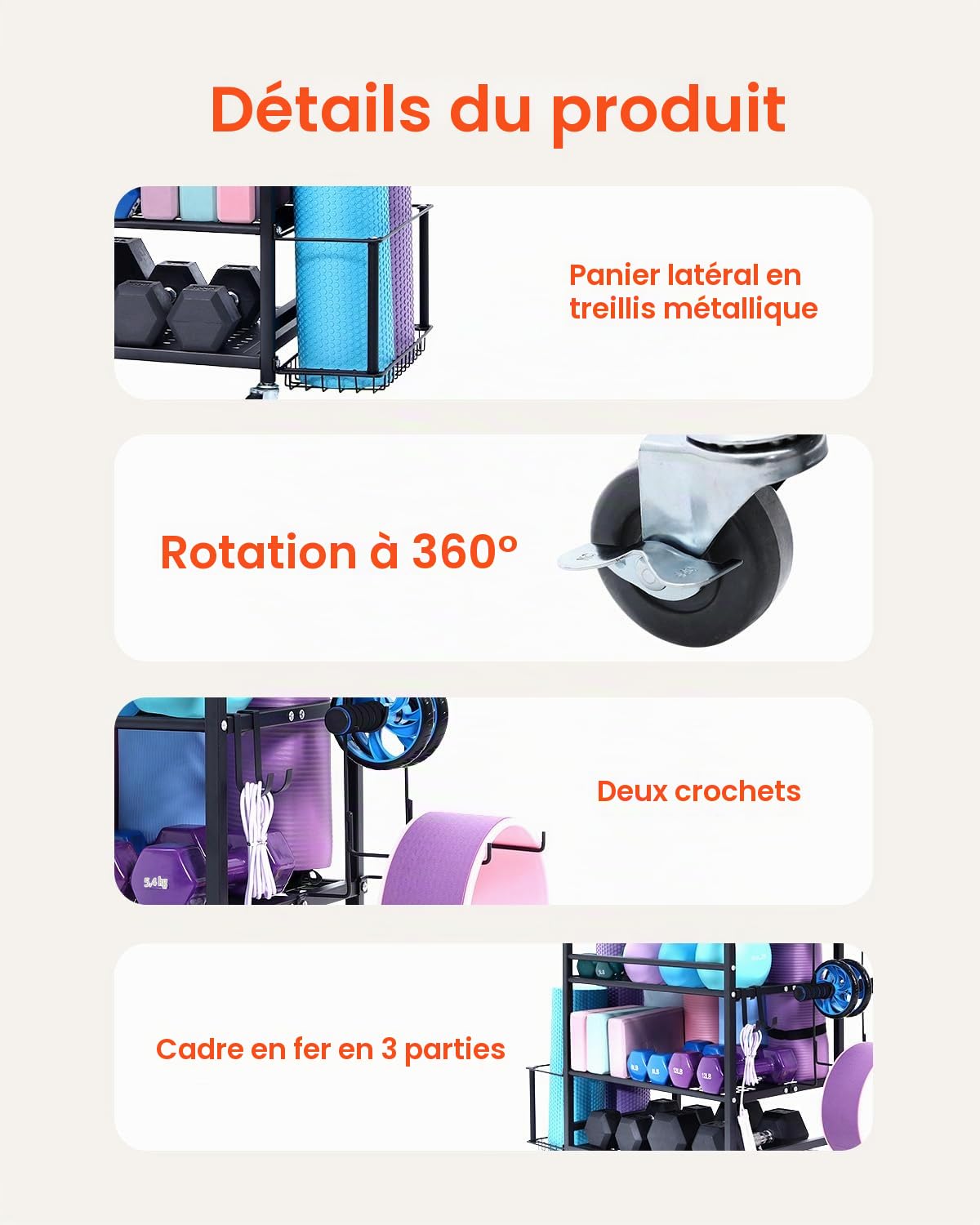 VEVOR Support pour Tapis de Yoga 3 Niveaux, Organisateur de Matériels d'Entraînement en Acier avec Revêtement en Poudre, Chariot de Rangement Sportif avec Crochets, pour Haltères, Kettlebell, Gym