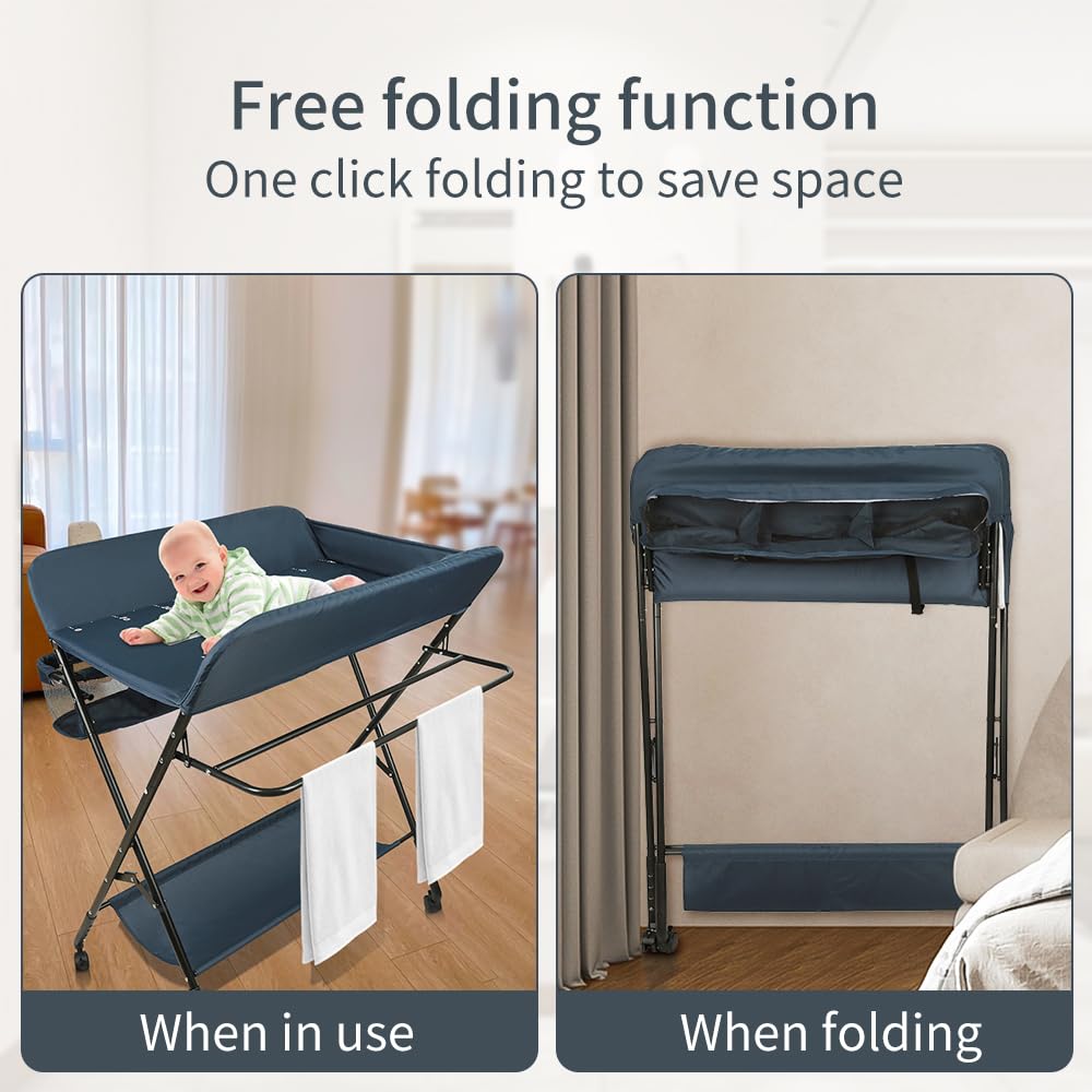 Homewell - Mesa cambiador plegable con ruedas, mesa de pañales portátil con altura ajustable con estantes de almacenamiento para recién nacidos (azul oscuro)