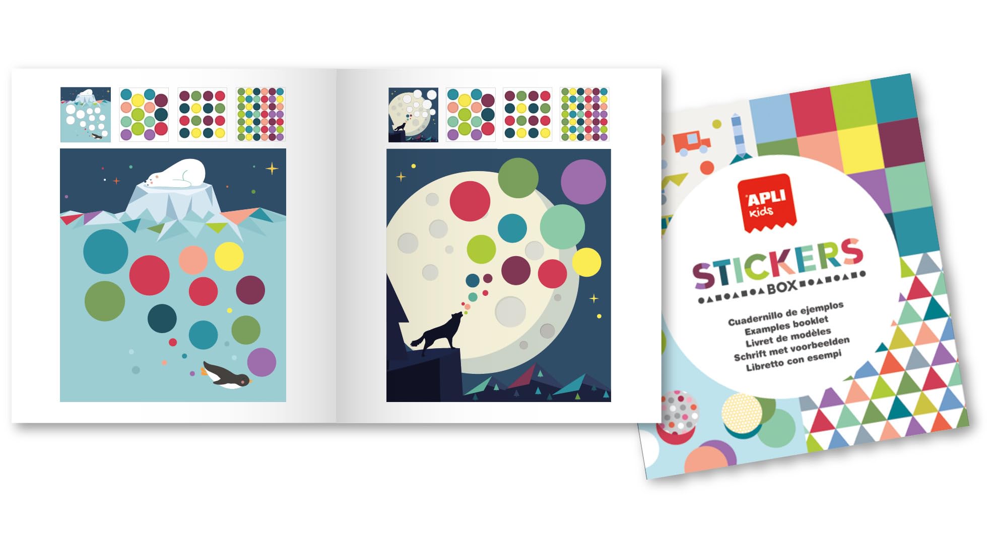 APLI Kids - Fly on The Moon 19140-Set di gommette di diverse forme in scatola di cartone modello Set di adesivi per completare le illustrazioni, 19140, 190 x 40 x 170 mm