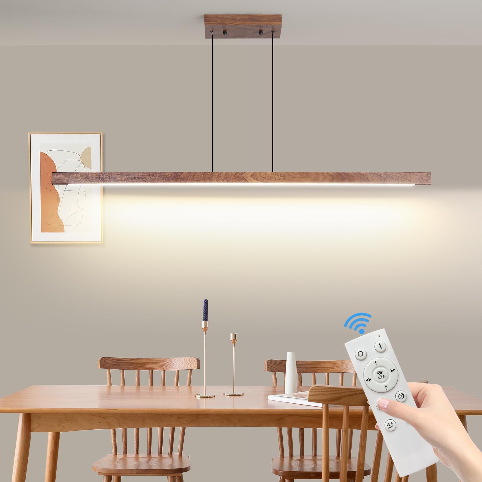 Mikeru 120 cm, lampada a sospensione a LED, tavolo da pranzo, 40 W, in noce, dimmerabile, con telecomando, 10%-100% lampada a sospensione regolazione della temperatura del colore, per cucina, sala da