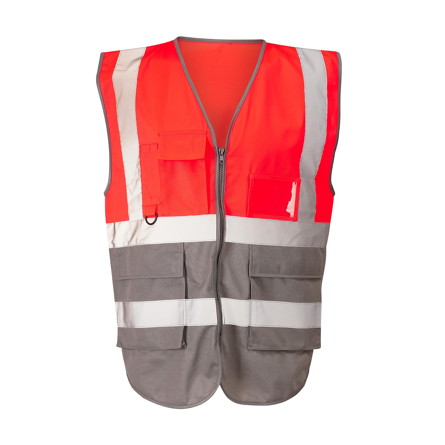 Expert Workwear Hi Vis Viz Zipped Executive Vest High Visibility Two Tone Reflective Safety Waistcoat Jacket Mobile Phone Pocket & ID Holder (UK, Alpha, XXL, Regular, Regular, Red/Grey)