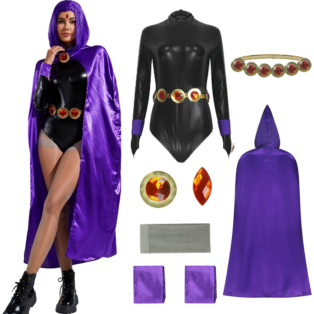 AYYOHON Superhero Costume Rachel Cosplay Jumpsuit Womens Purple Cloak with Gem Waist Belt Chain Tights Accessories 3XL
