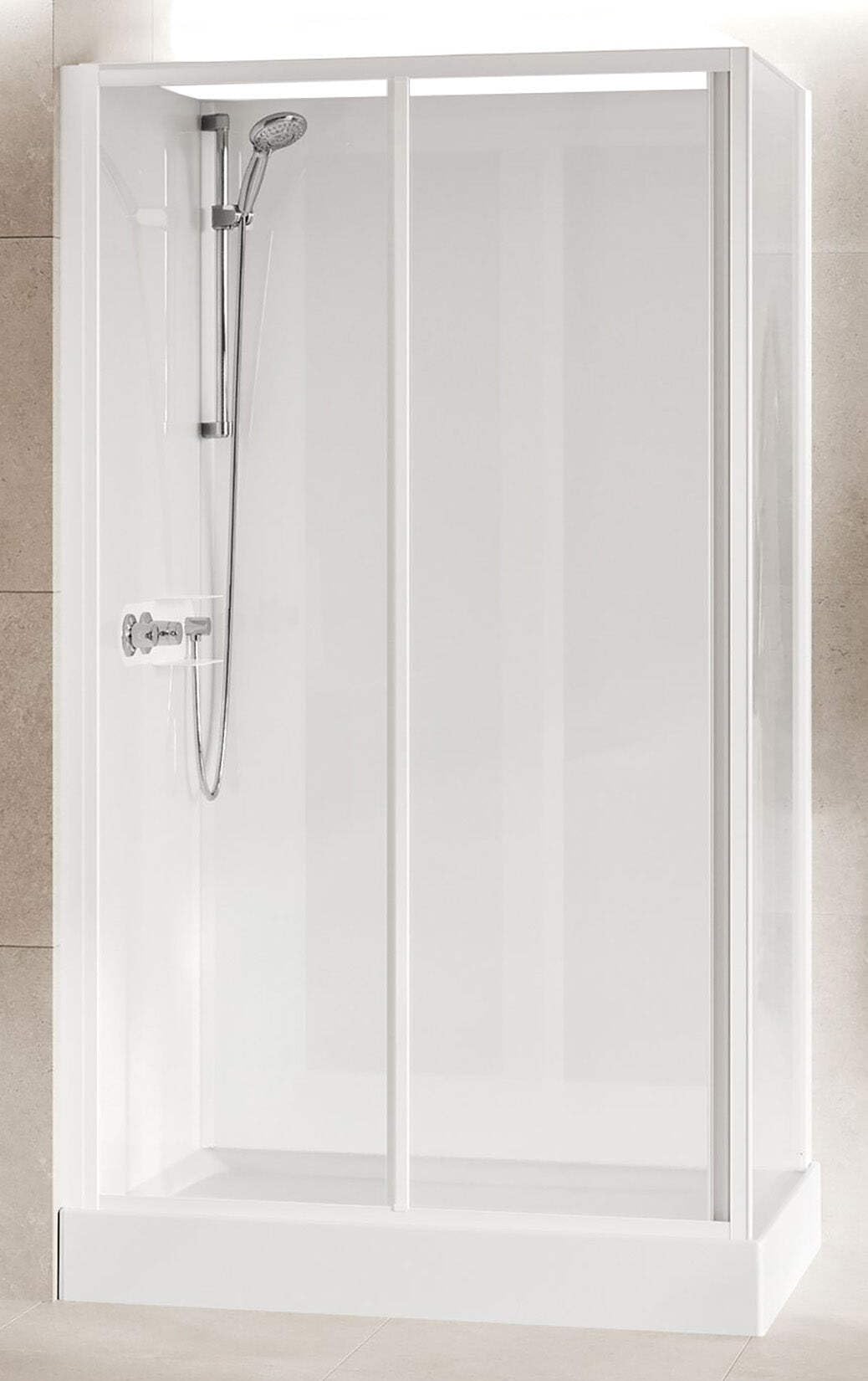 Novellini Media Glass 2P Standard 120 x 80 cm Cabina ducha multifunción apertura 1 puerta corredera reversible mezclador termostático vidrio transparente perfil blanco estantes ducha altura 210 cm